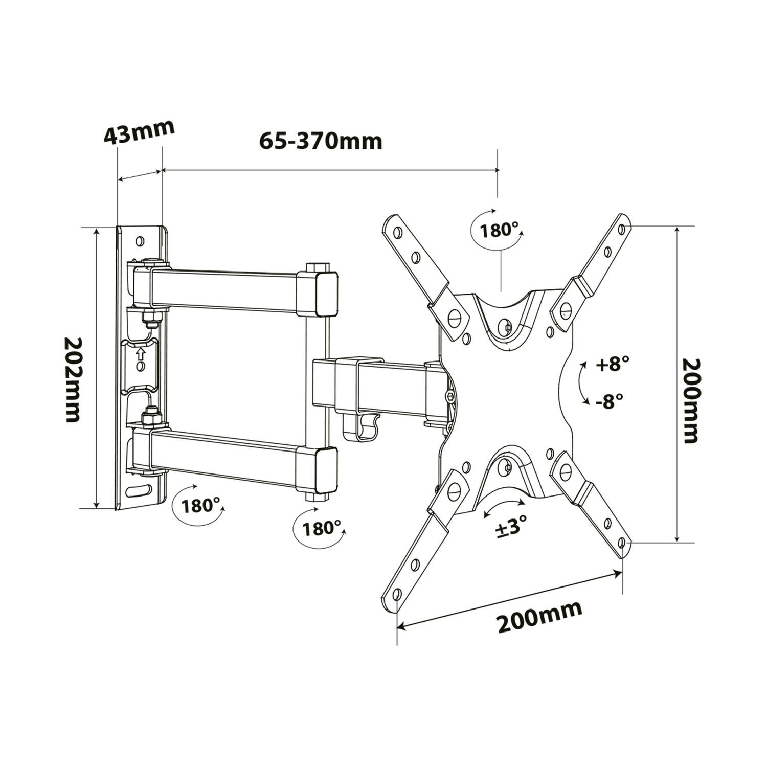 Disegno tecnico di un supporto TV girevole con dimensioni e angoli.