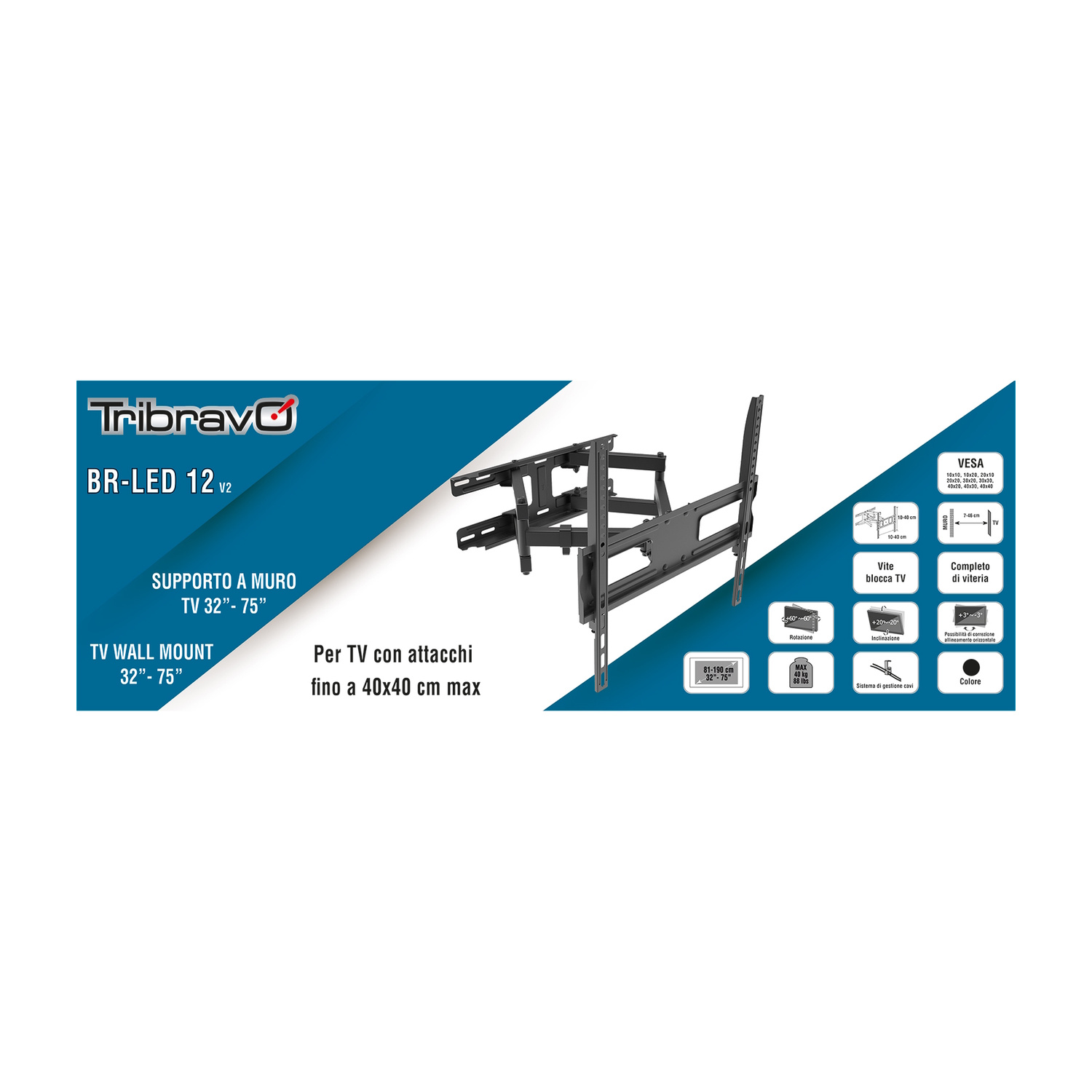 Supporto TV da muro Tribravo 32-75", fino a 40kg, orientabile e inclinabile.