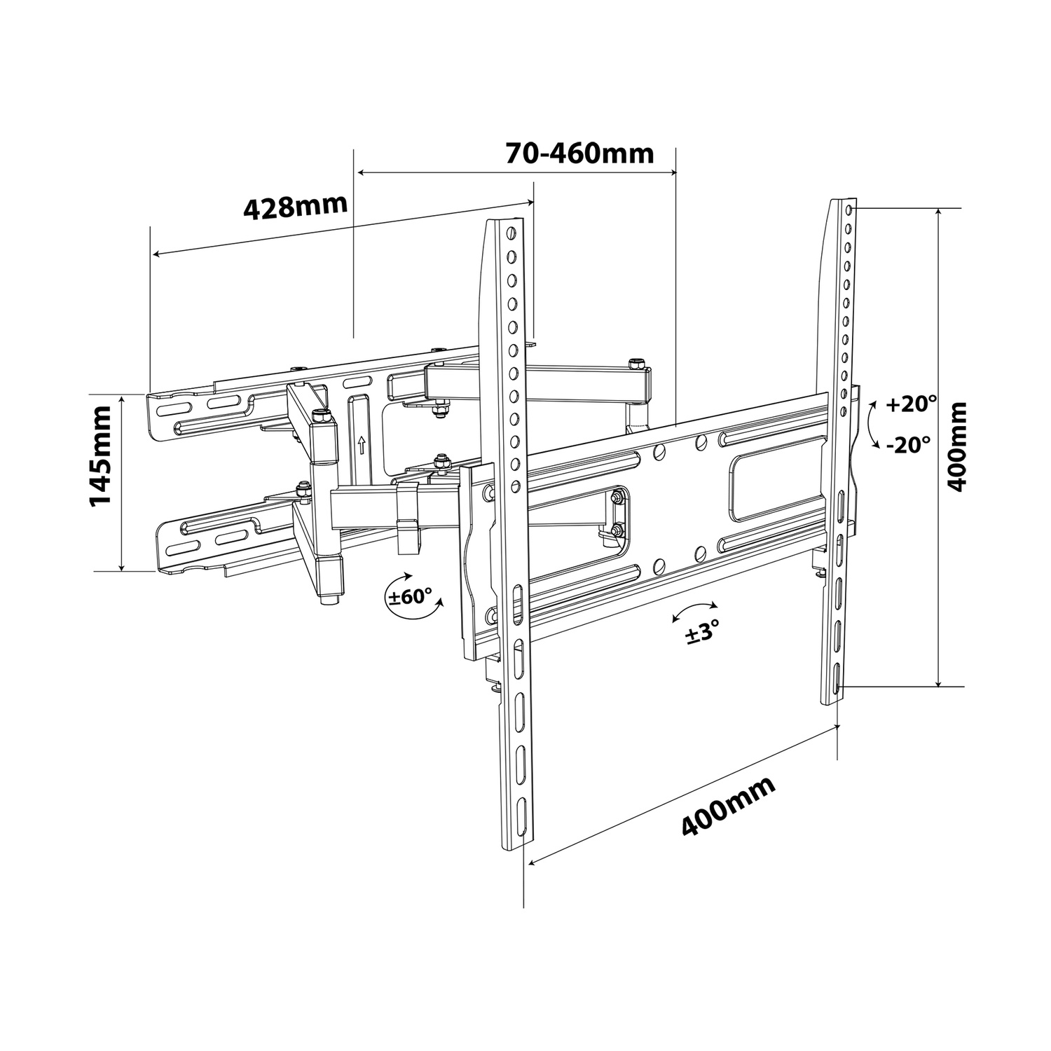 Disegno tecnico di un supporto da parete per TV con dimensioni.
