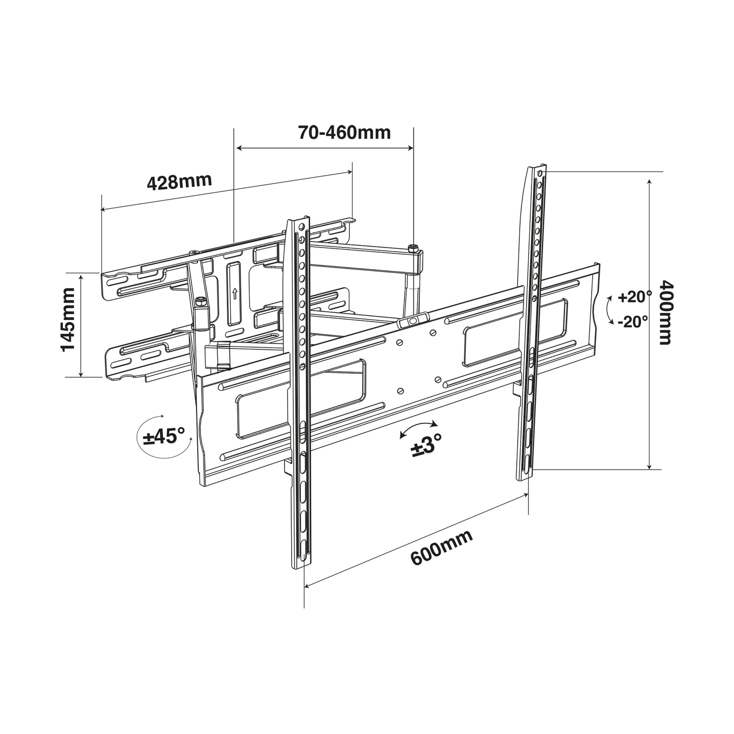 Disegno tecnico di un supporto TV girevole con dimensioni.