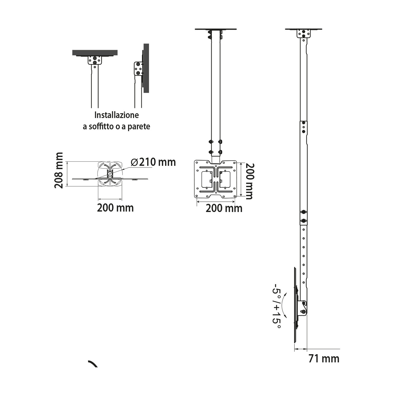Disegno tecnico di un supporto a soffitto con dimensioni.