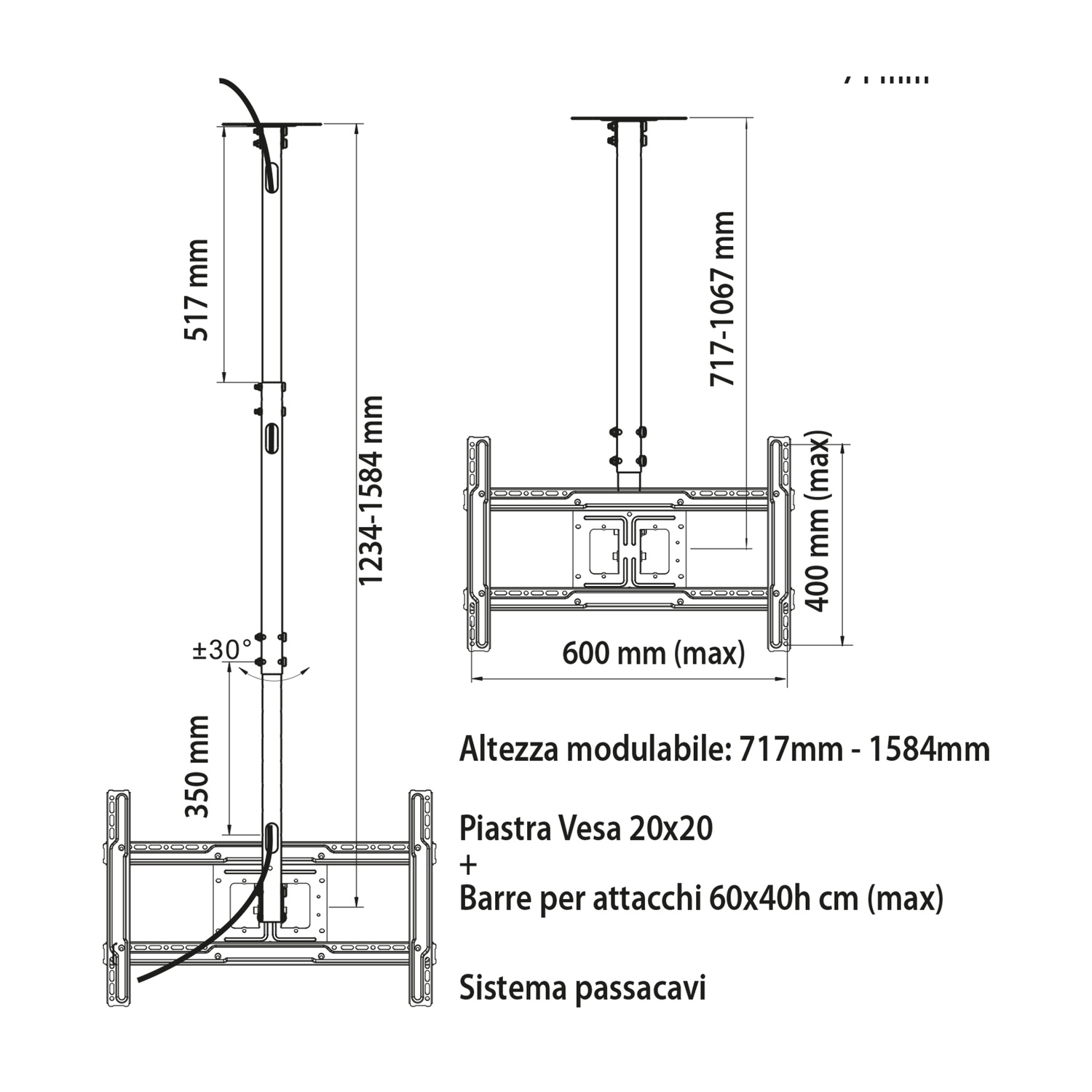 Disegno tecnico di un supporto da soffitto con misure.