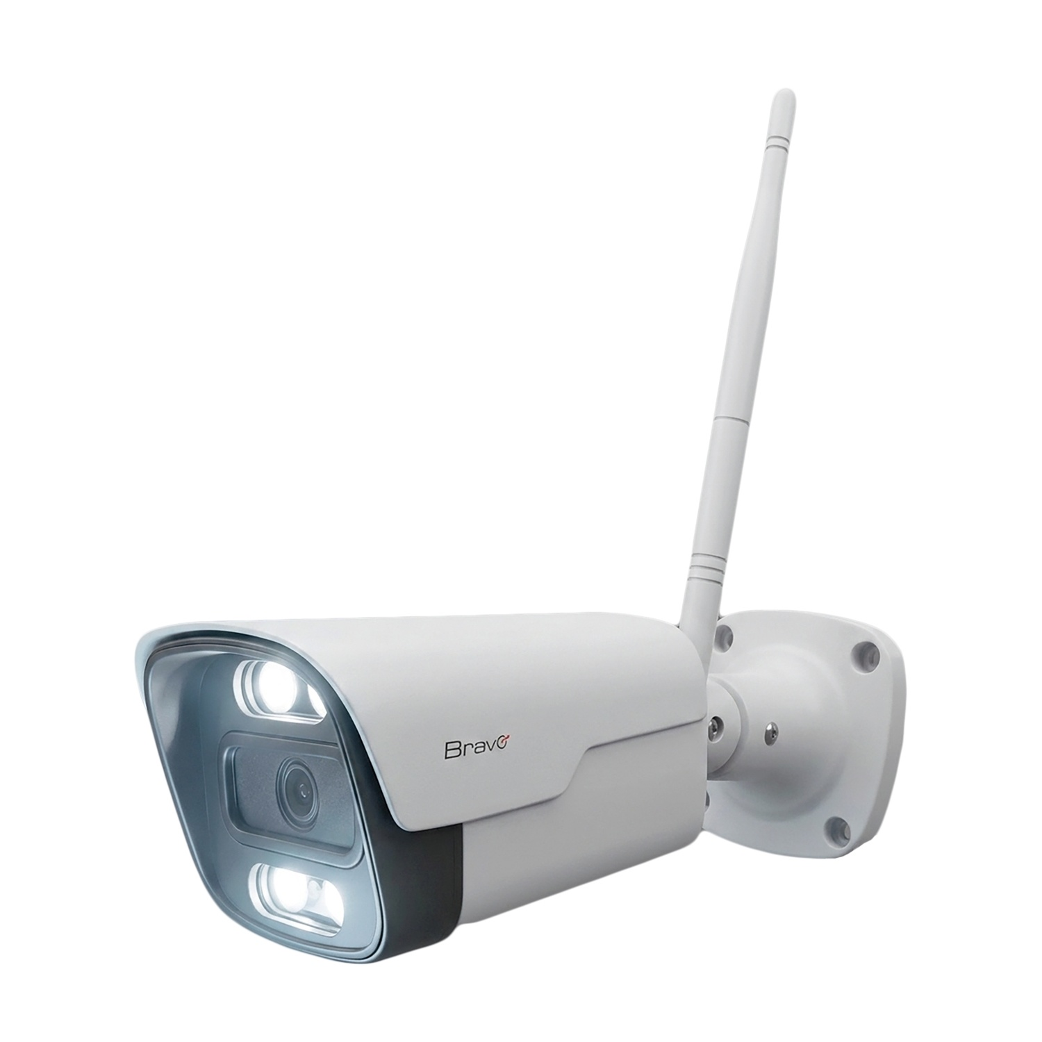 Una telecamera di sicurezza bianca con antenna e due luci.