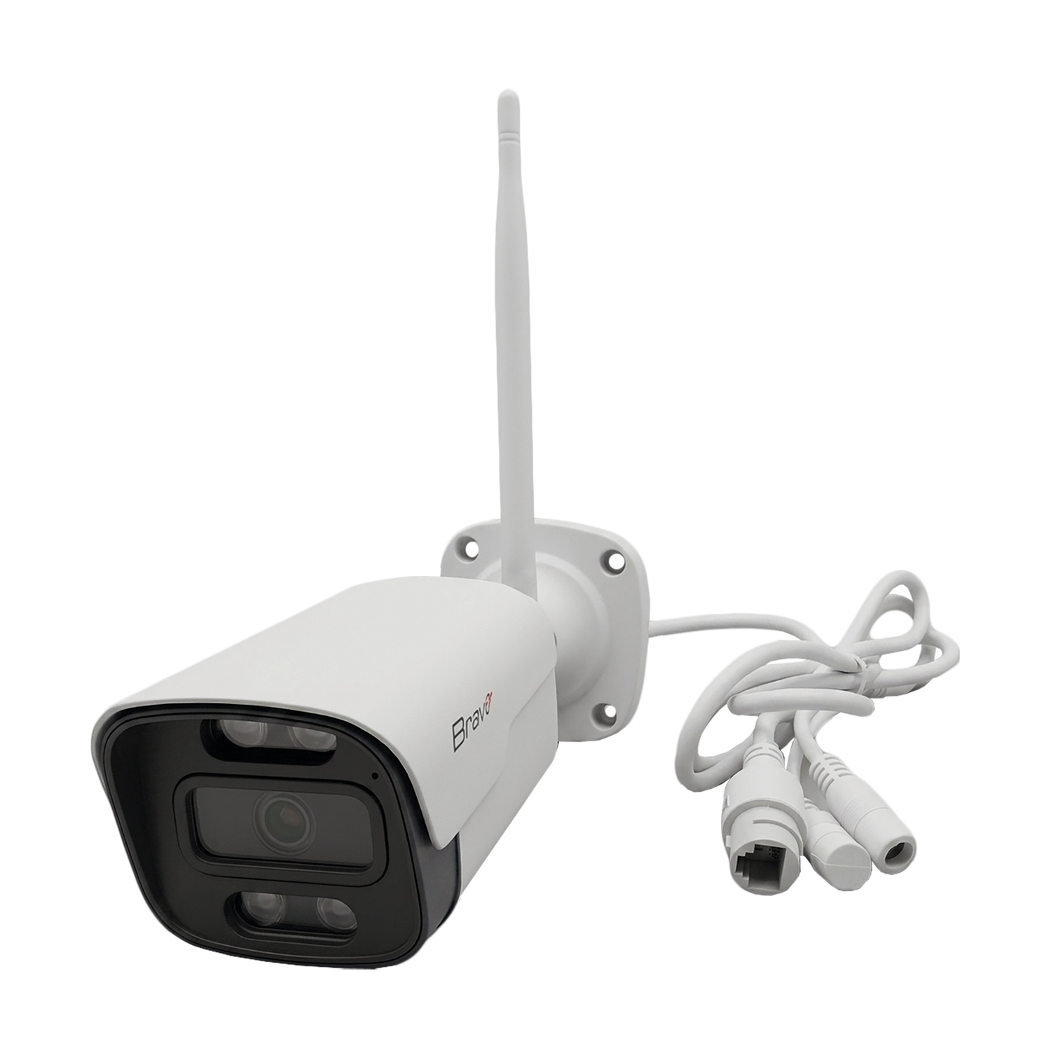 Una telecamera di sicurezza bianca con antenna, due lenti e cavi.