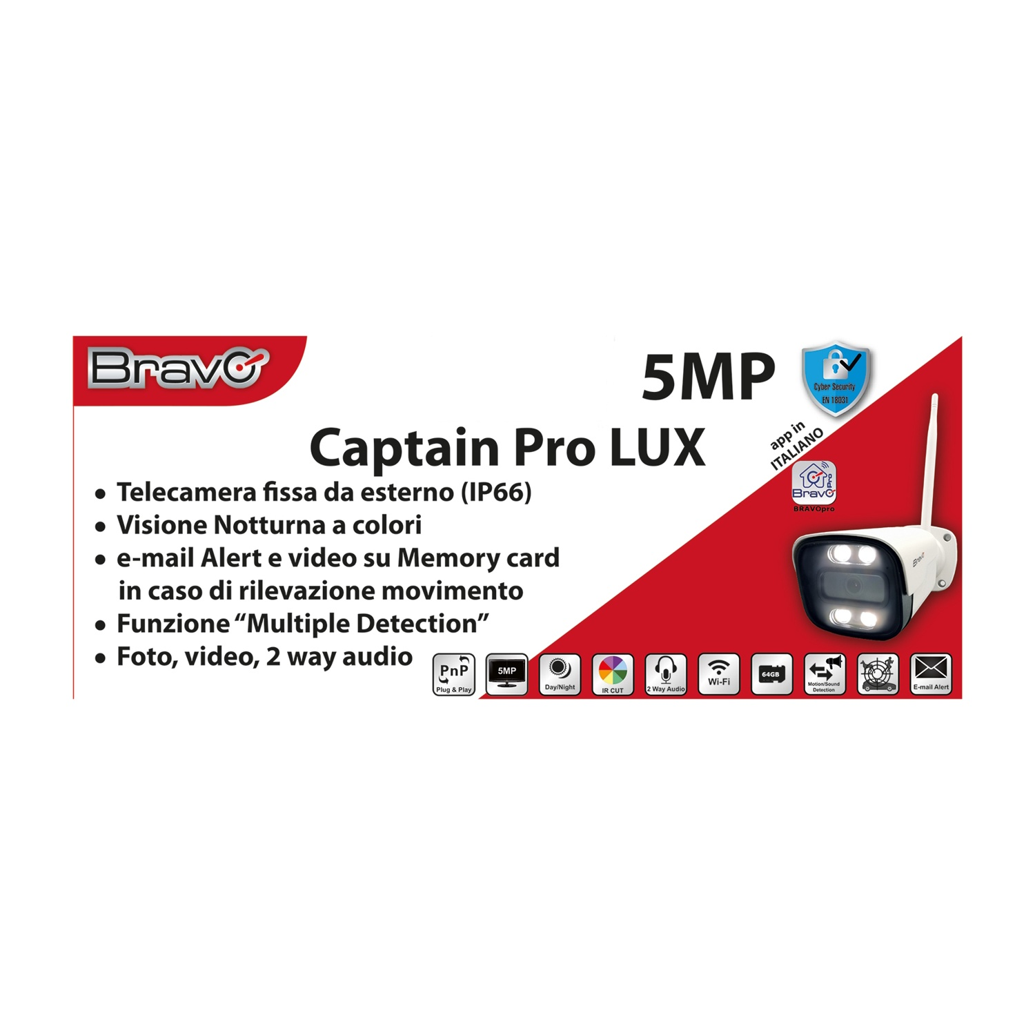 Telecamera Bravo Captain Pro LUX 5MP con visione notturna a colori, app e scheda memoria.