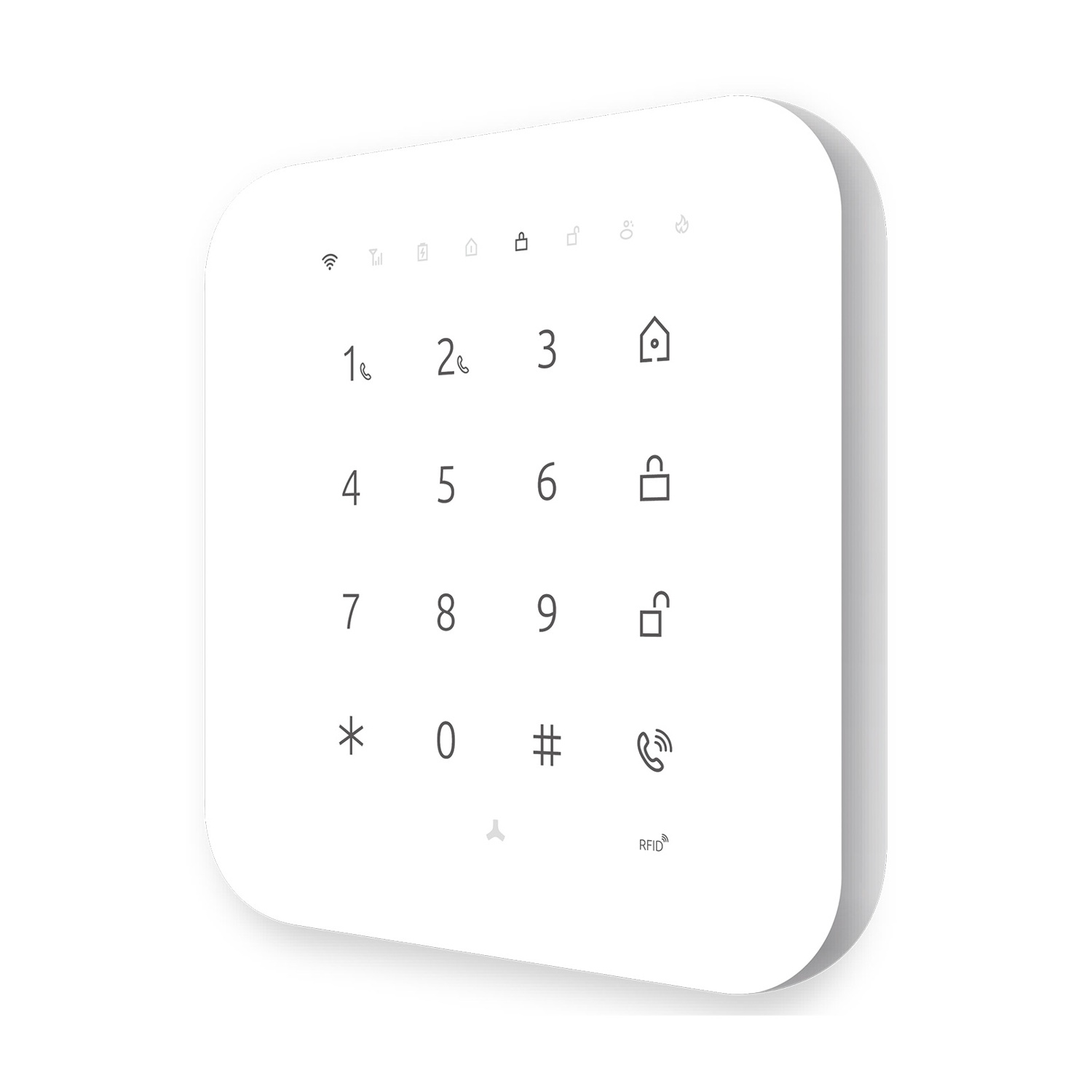 Una tastiera bianca con numeri, icone e un logo RFID.