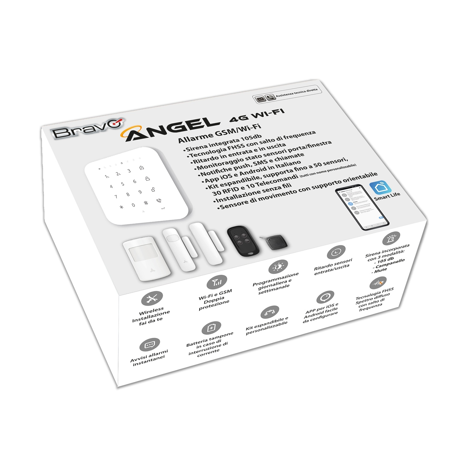 Confezione di un sistema di allarme Bravo Angel 4G Wi-Fi con accessori e funzioni.