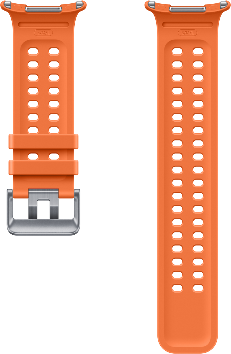 Zwei orangefarbene Uhrenarmbänder mit silbernen Schnallen und vielen Lüftungslöchern.