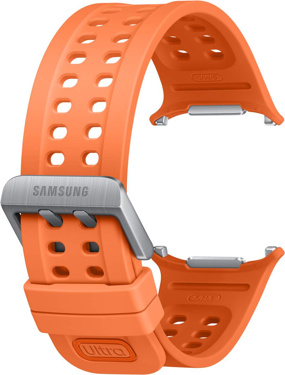 Ein orangefarbenes Samsung-Armband mit Lüftungsschlitzen und Metallschnalle.