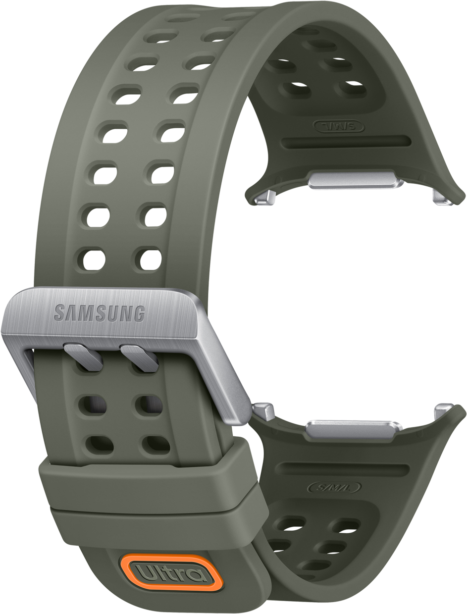 Ein olivgrünes Samsung-Armband mit silberner Schnalle und Belüftungslöchern.