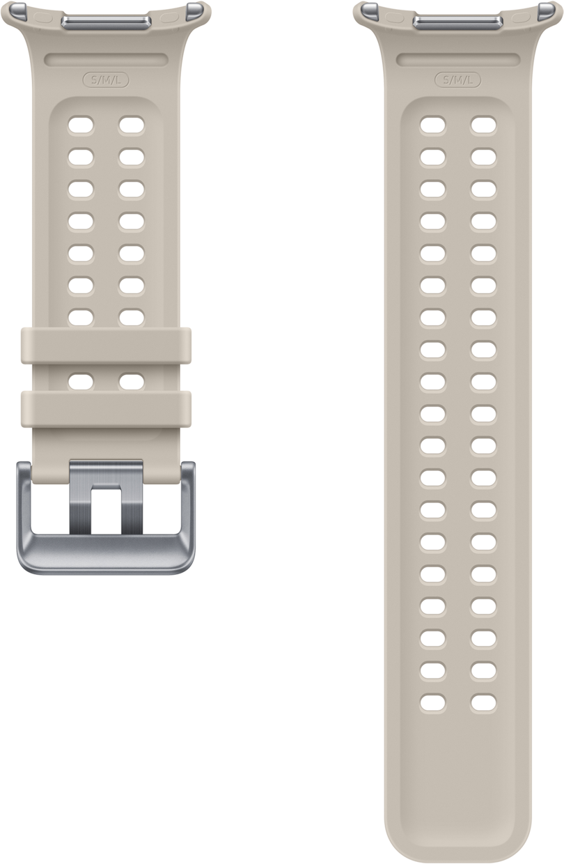 Ein hellbeiges Uhrenarmband mit Perforation und Metallschnalle.