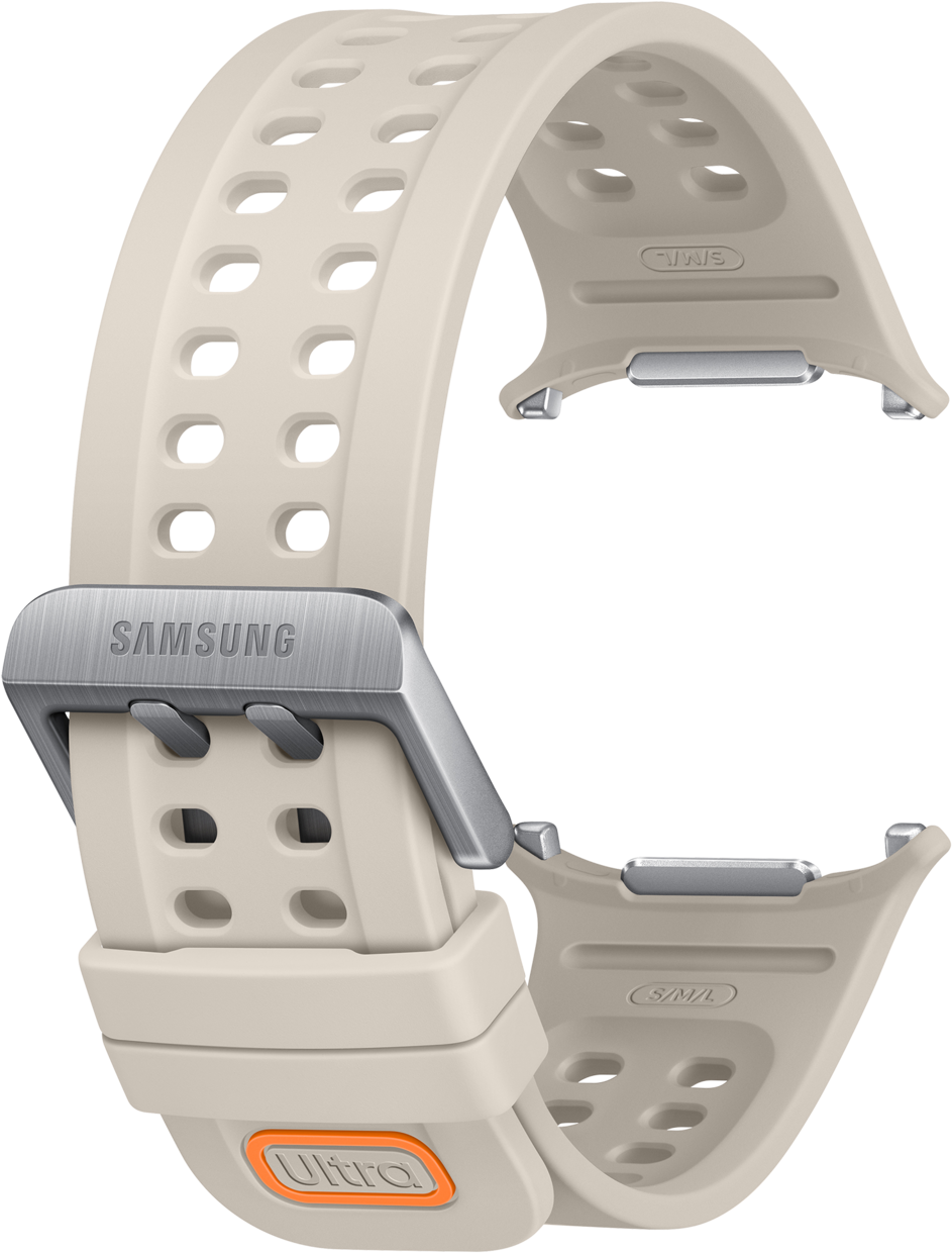 Ein beiger Samsung Uhrenarmband mit silberner Schnalle und orangefarbenem Schriftzug.