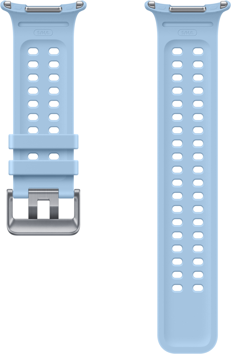 Zwei hellblaue Silikon-Uhrenarmbänder mit Lünette und Lochmuster.