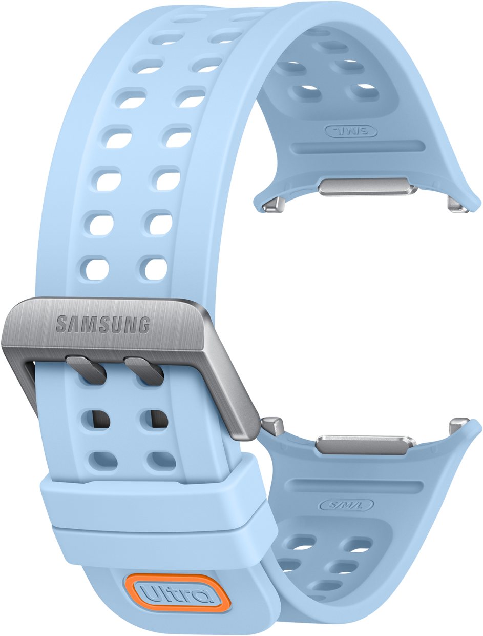 Hellblaues Samsung-Uhrenarmband mit Metallschnalle und orange