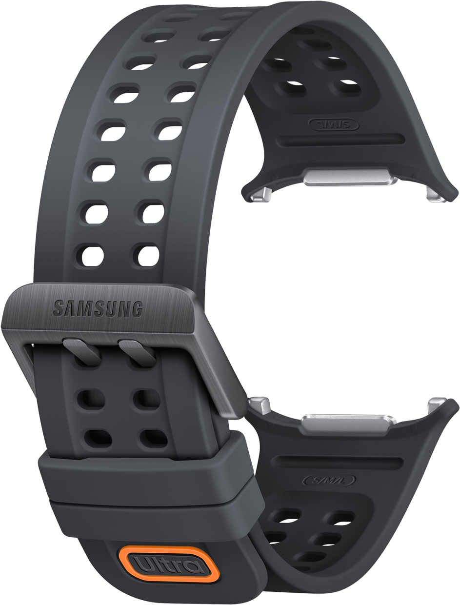 Dunkelgraues Samsung-Armband mit Lüftungslöchern und orangefarbenem „Ultra“-Detail.