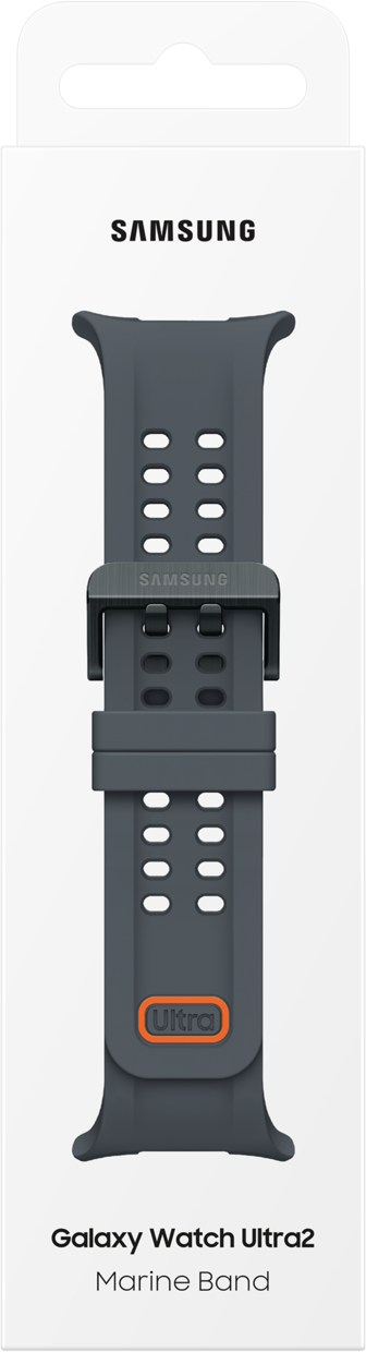 Dunkelgraues Samsung Galaxy Watch Ultra2 Armband mit orangefarbener „Ultra“-Aufschrift.