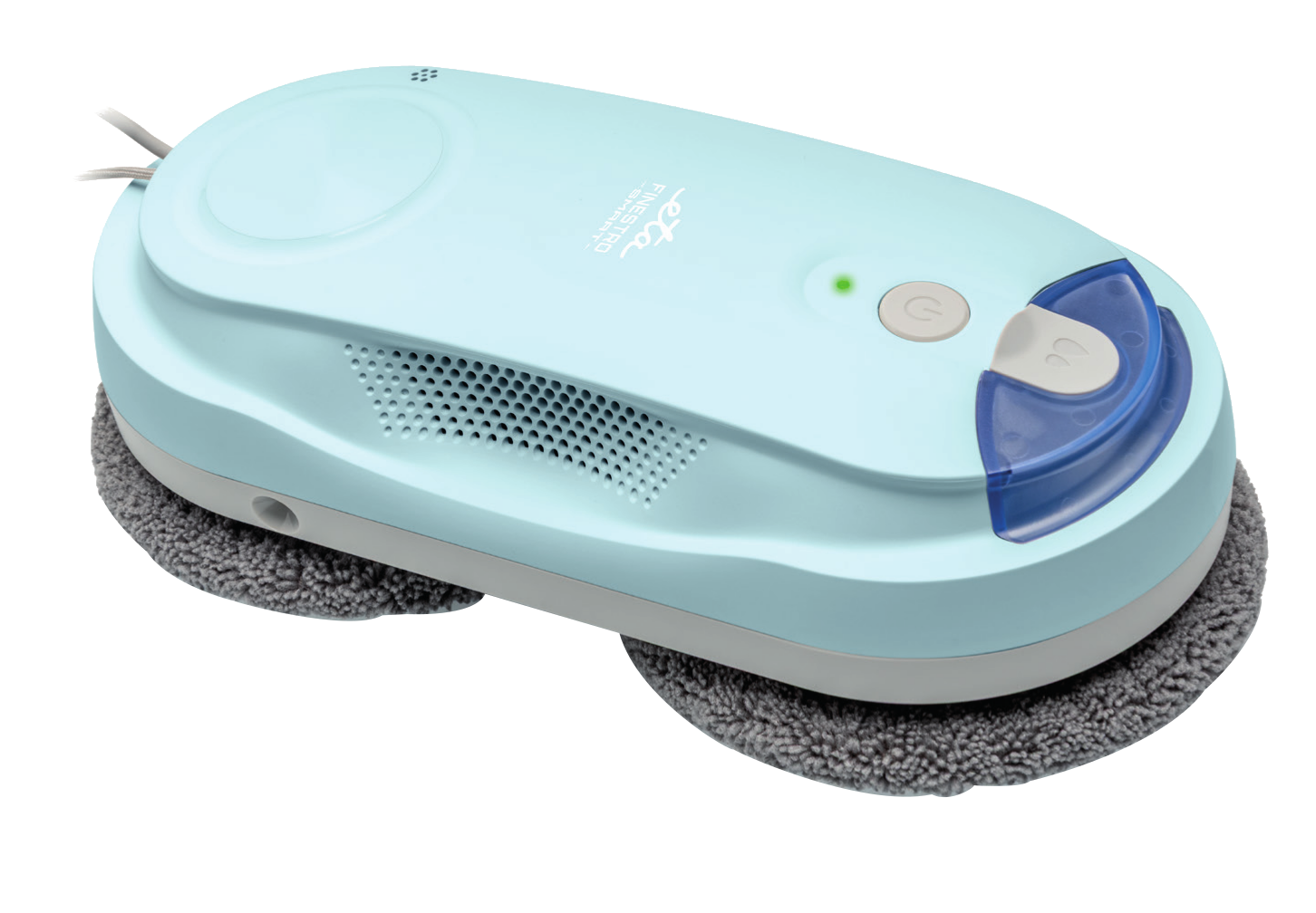 Világoskék ablakmosó robot szürke tisztítóbetétekkel, fehér háttérrel.