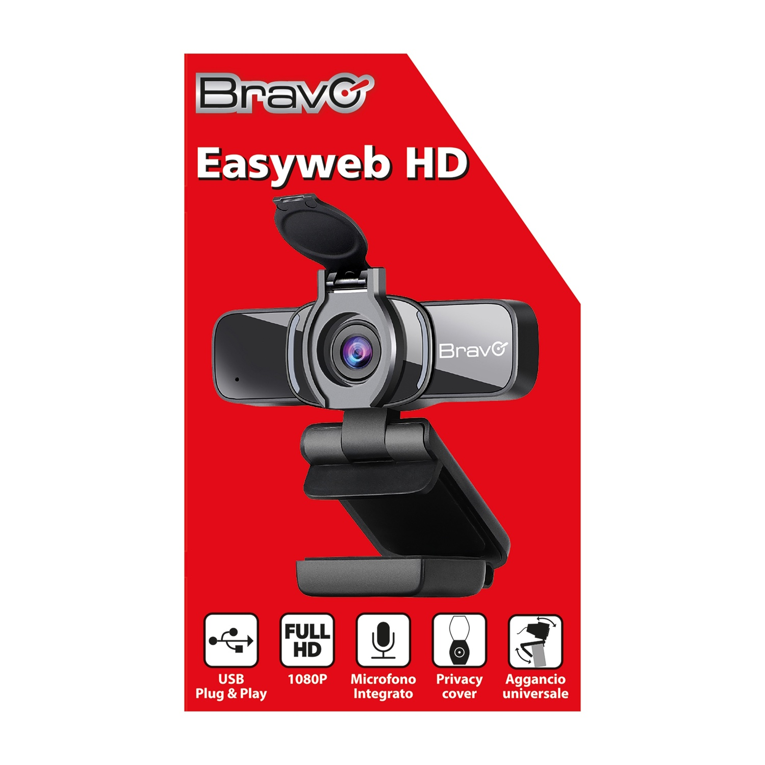 Una webcam Bravo Easyweb HD nera con microfono integrato e copertura per la privacy.