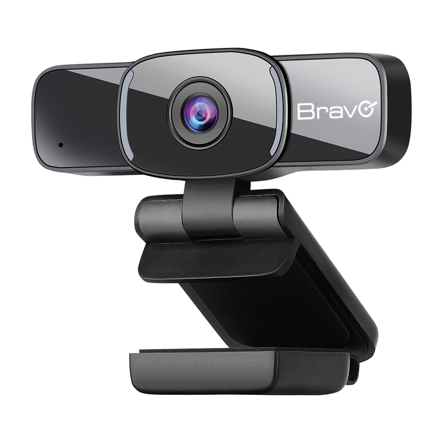 Una webcam BravG nera con supporto flessibile, isolata su sfondo bianco.