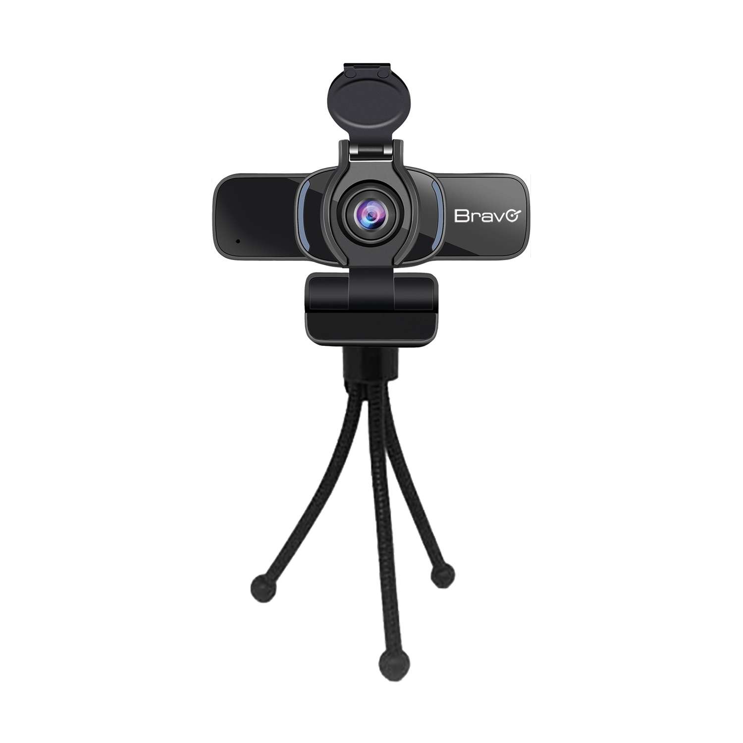 Una webcam nera con microfono e supporto treppiede.