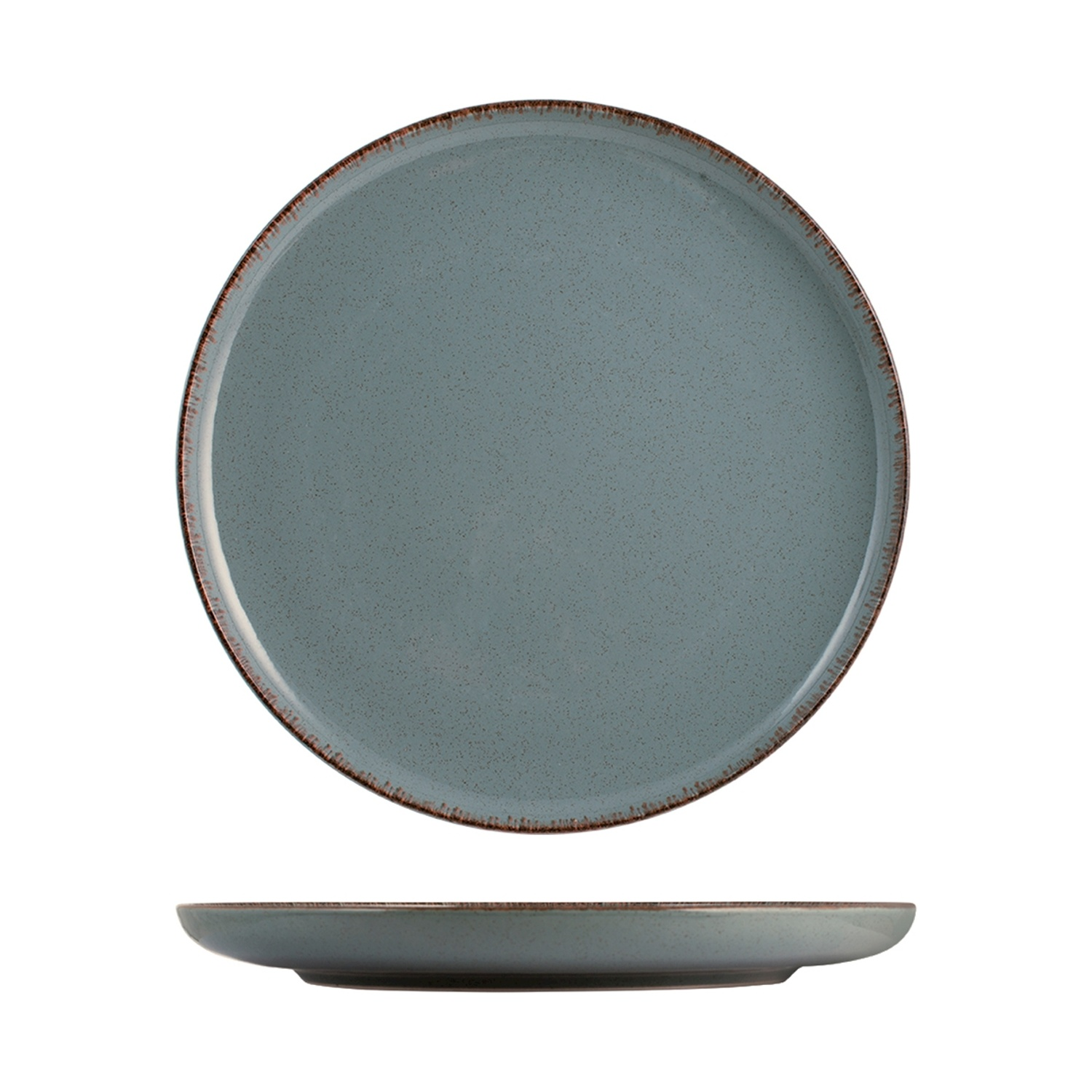 Un piatto blu-verde con bordo marrone, mostrato frontalmente e di lato.