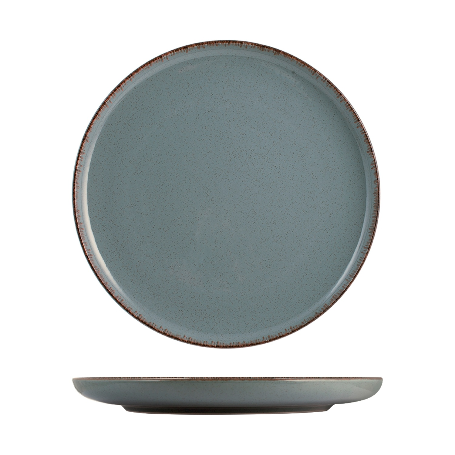 Un piatto blu-verde con bordo marrone, mostrato frontalmente e di lato.