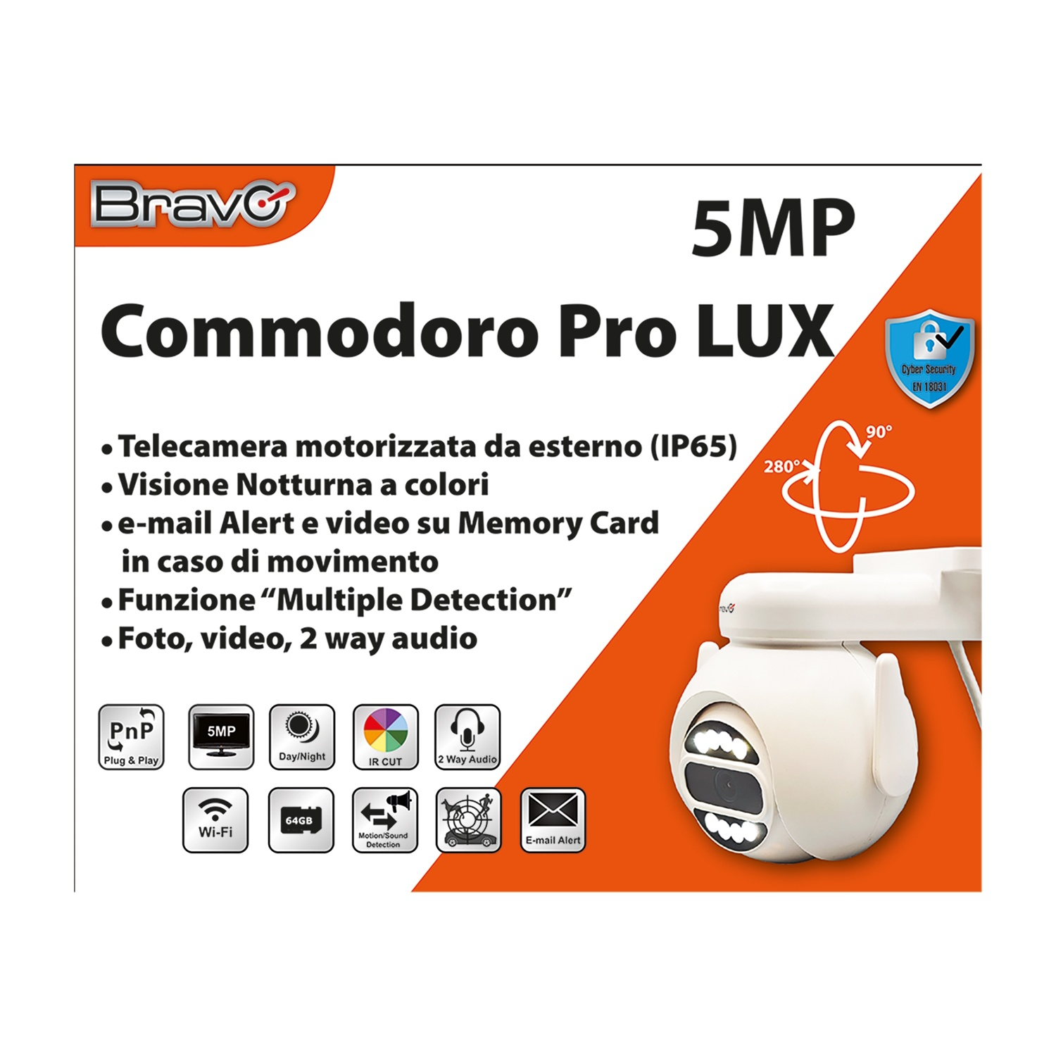 Pubblicità di una telecamera PTZ di sorveglianza bianca 5MP "Commodoro Pro LUX" con caratteristiche.
