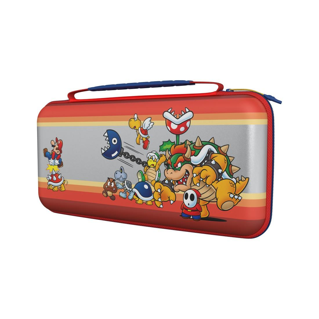 Rote Tasche mit Super Mario-Motiv: Mario, Bowser, Goomba, Koopa und Chain Chomp.