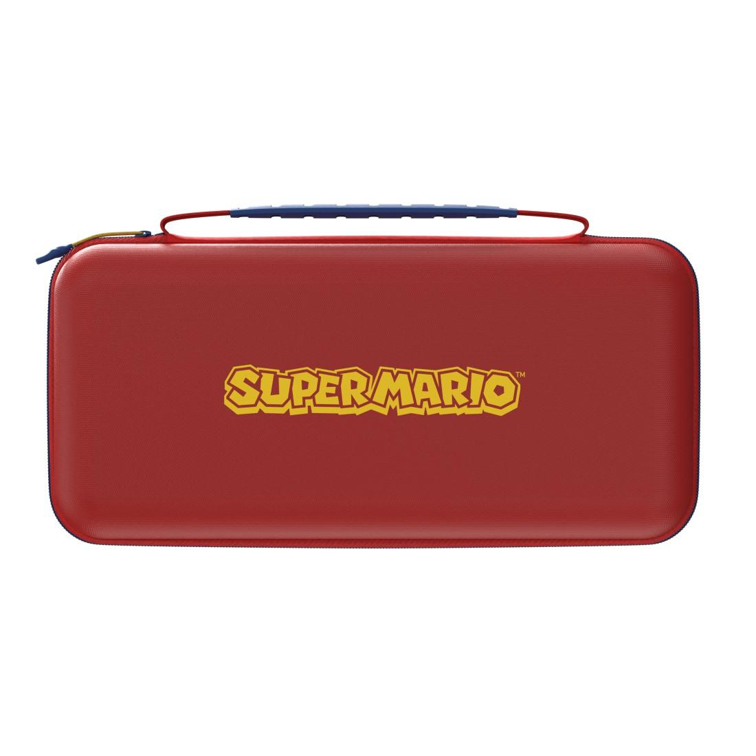 Rote Super Mario Tragetasche mit gelbem Logo und blauem Griff.