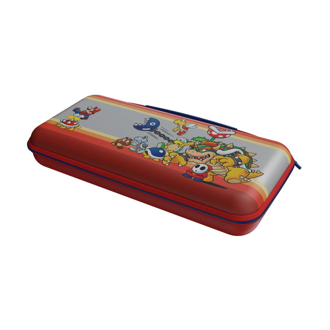 Rote Nintendo Switch Hülle mit Super Mario-Motiv: Bowser, Mario, Shy Guy, Koopa.