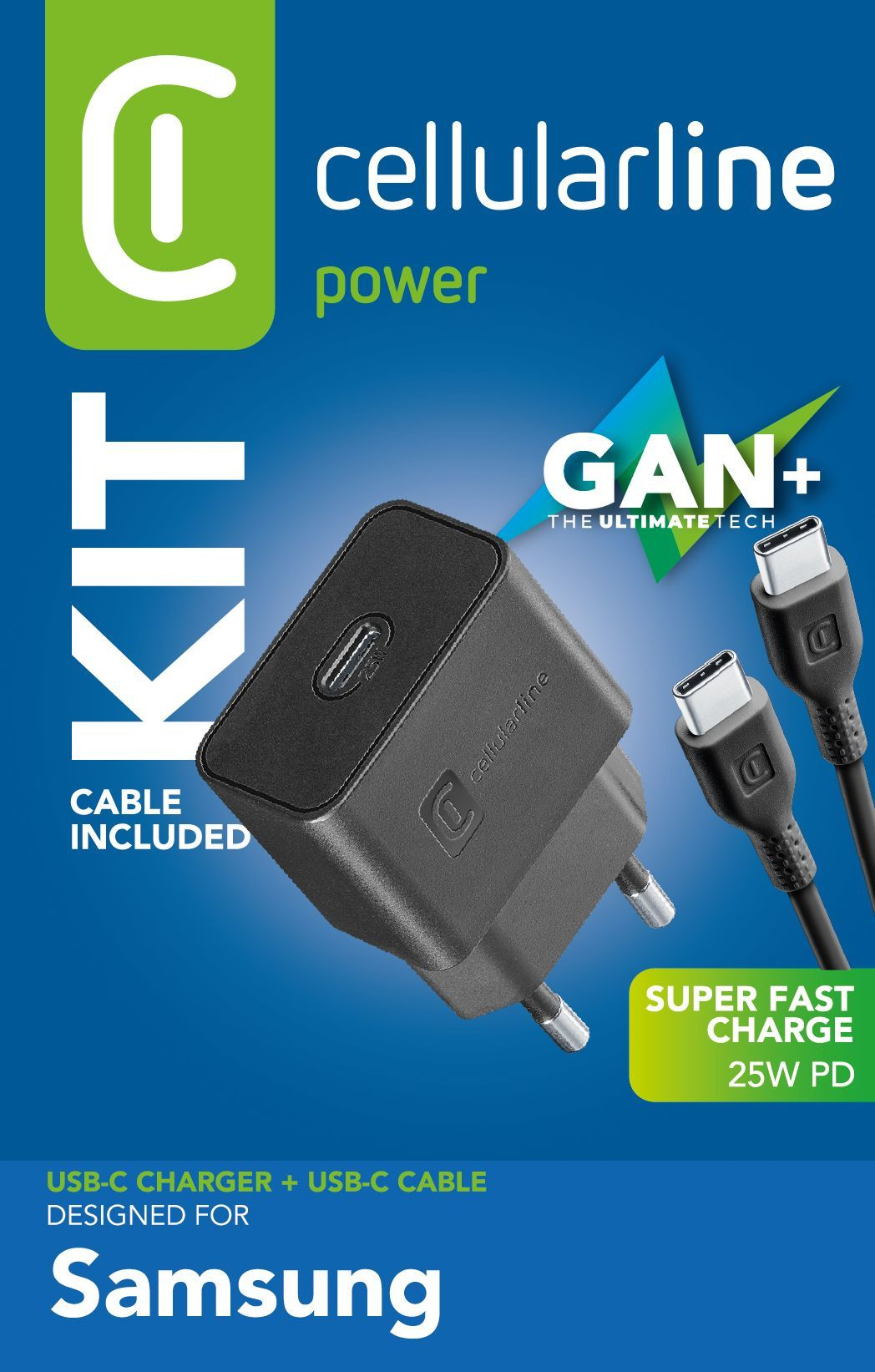 Un cargador USB-C negro y dos cables USB-C para Samsung.