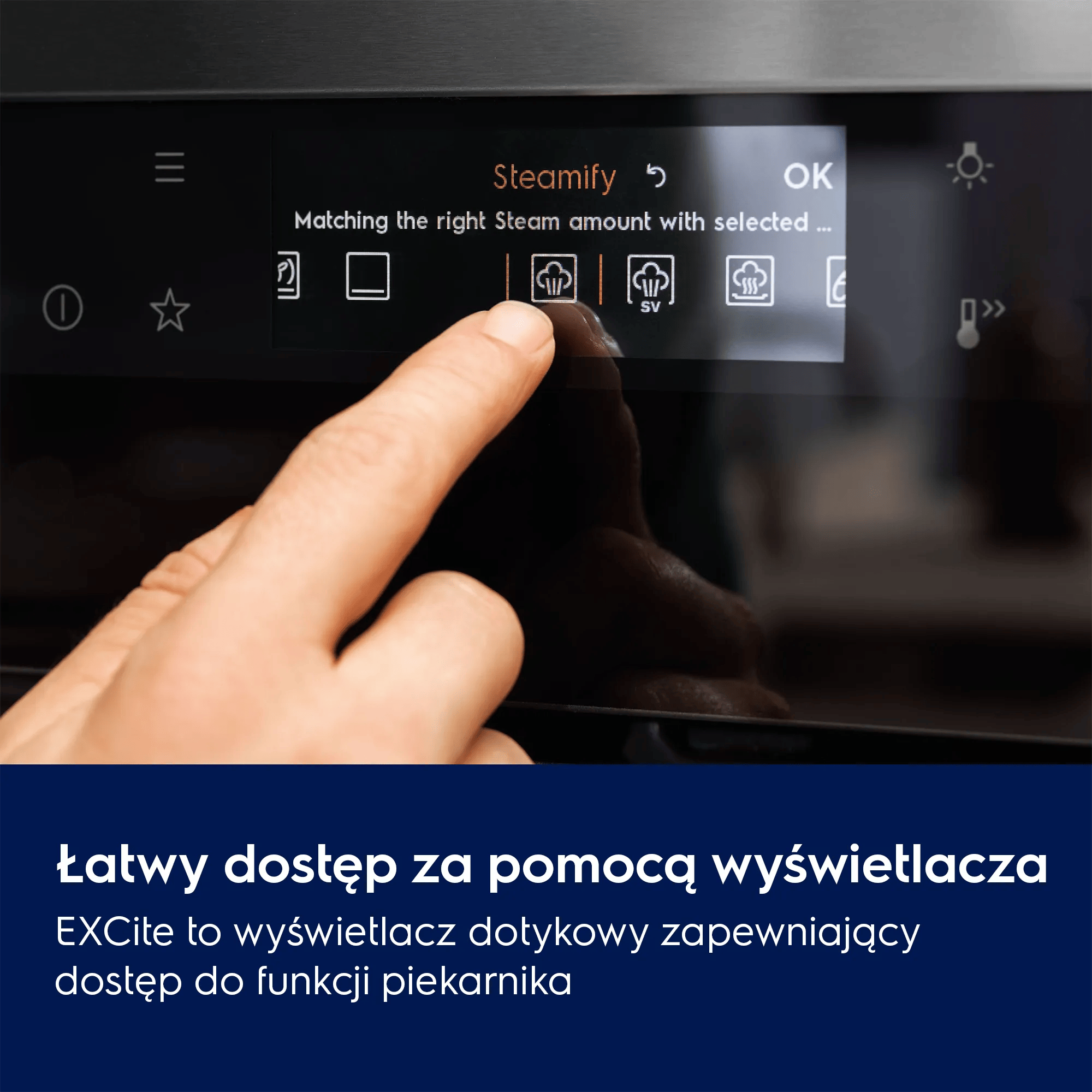 Palec dotyka ikony pary na ciemnym ekranie dotykowym.