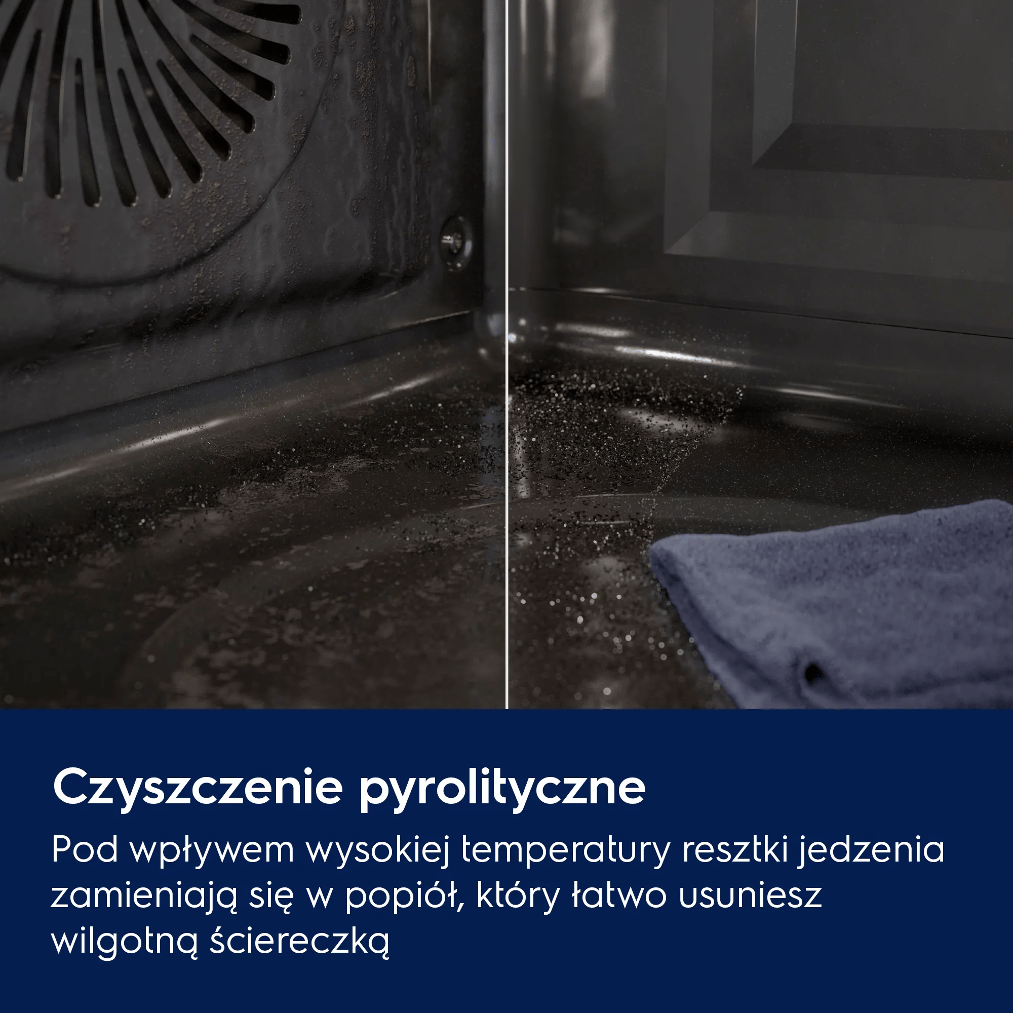 Wnętrze piekarnika: po lewej brudne, po prawej czyste z ściereczką.