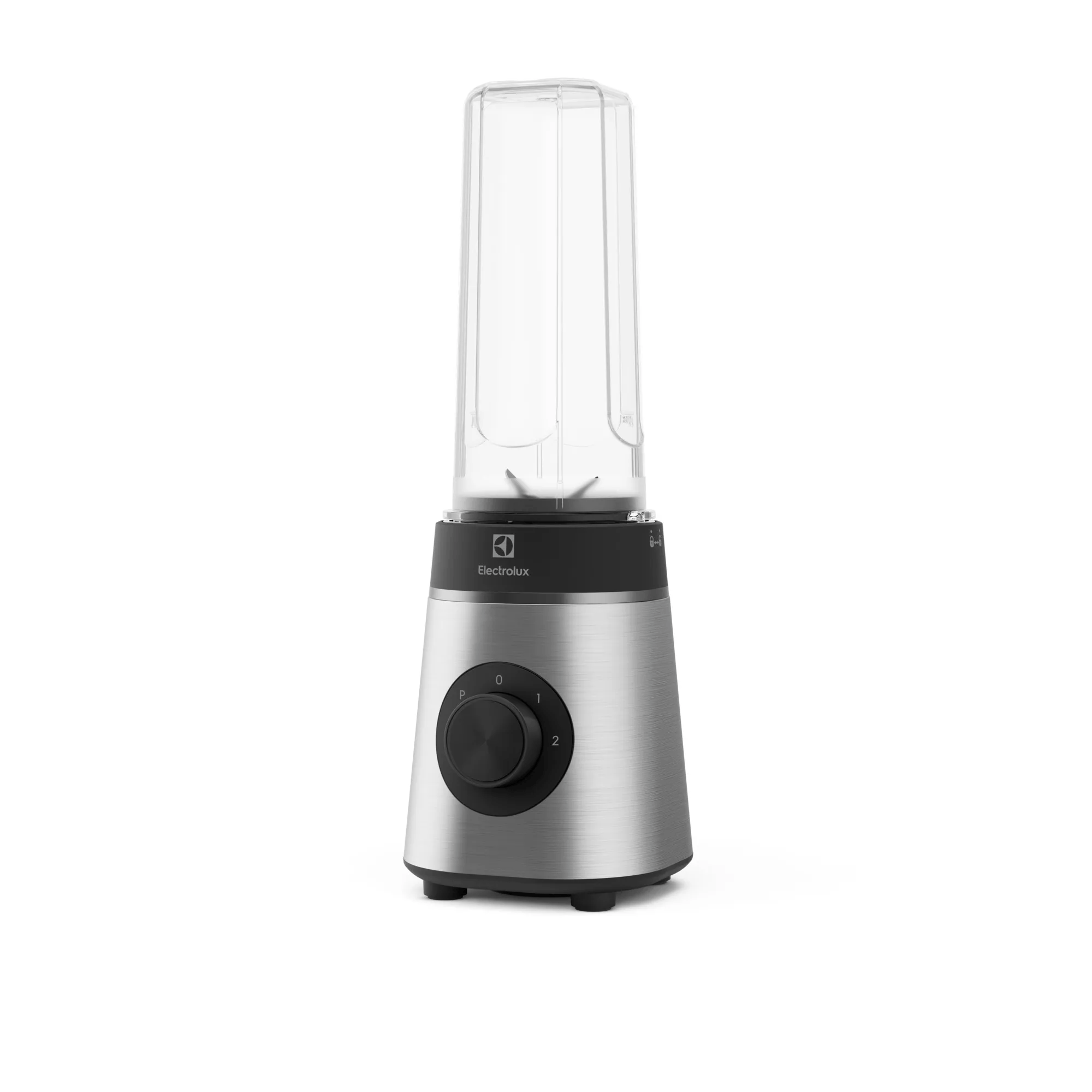 Srebrny blender z przezroczystym pojemnikiem i czarnym pokrętłem sterującym.
