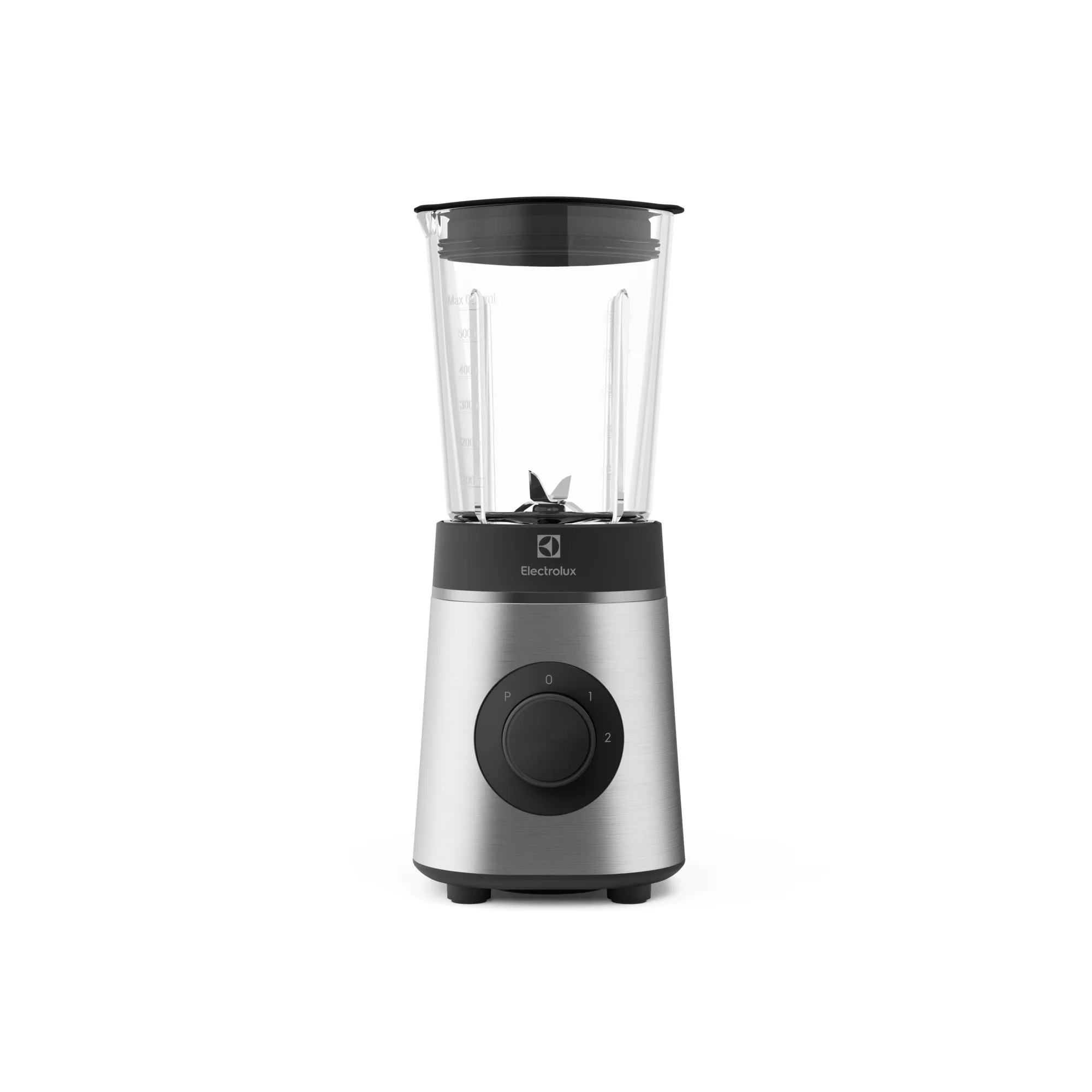 Srebrny blender stojący z czarną pokrywą i pokrętłem sterowania.