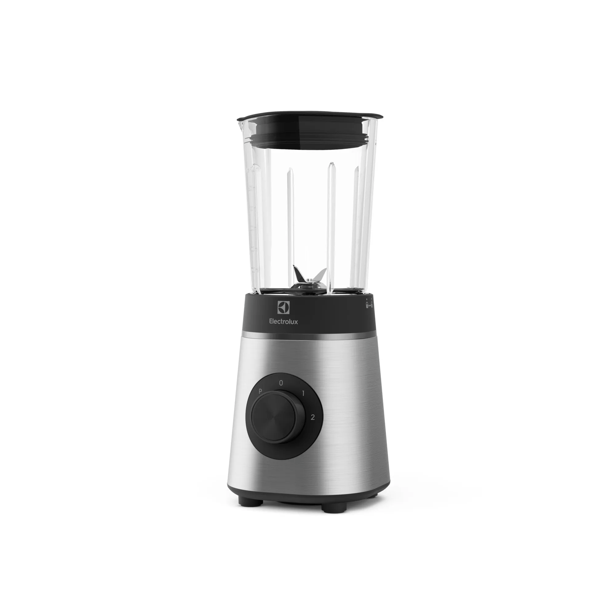 Srebrny blender z czarną pokrywą i pokrętłem sterującym.