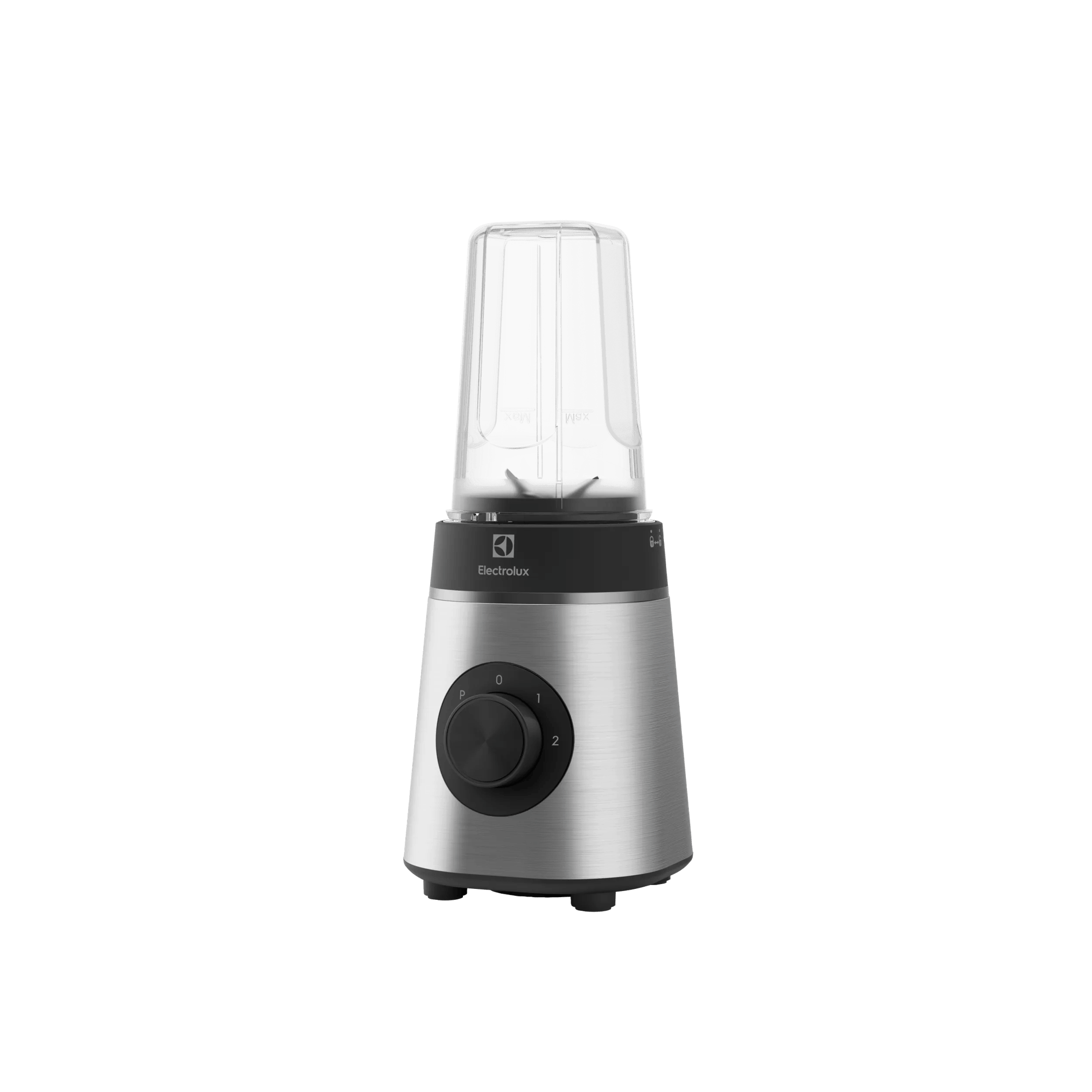 Srebrny blender Electrolux z czarnym panelem sterowania i szklanym pojemnikiem.