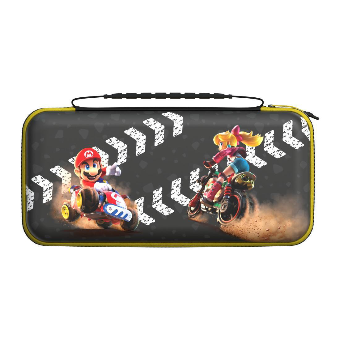 Mario und Peach auf Karts rasen auf einer dunklen Hülle mit weißen Pfeilen.