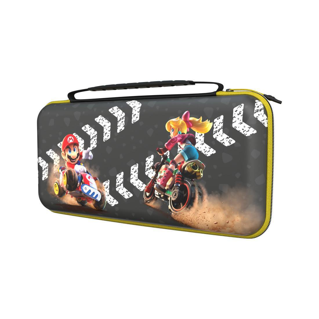 Mario und Peach fahren auf Karts mit einem Rennstreckenmuster.