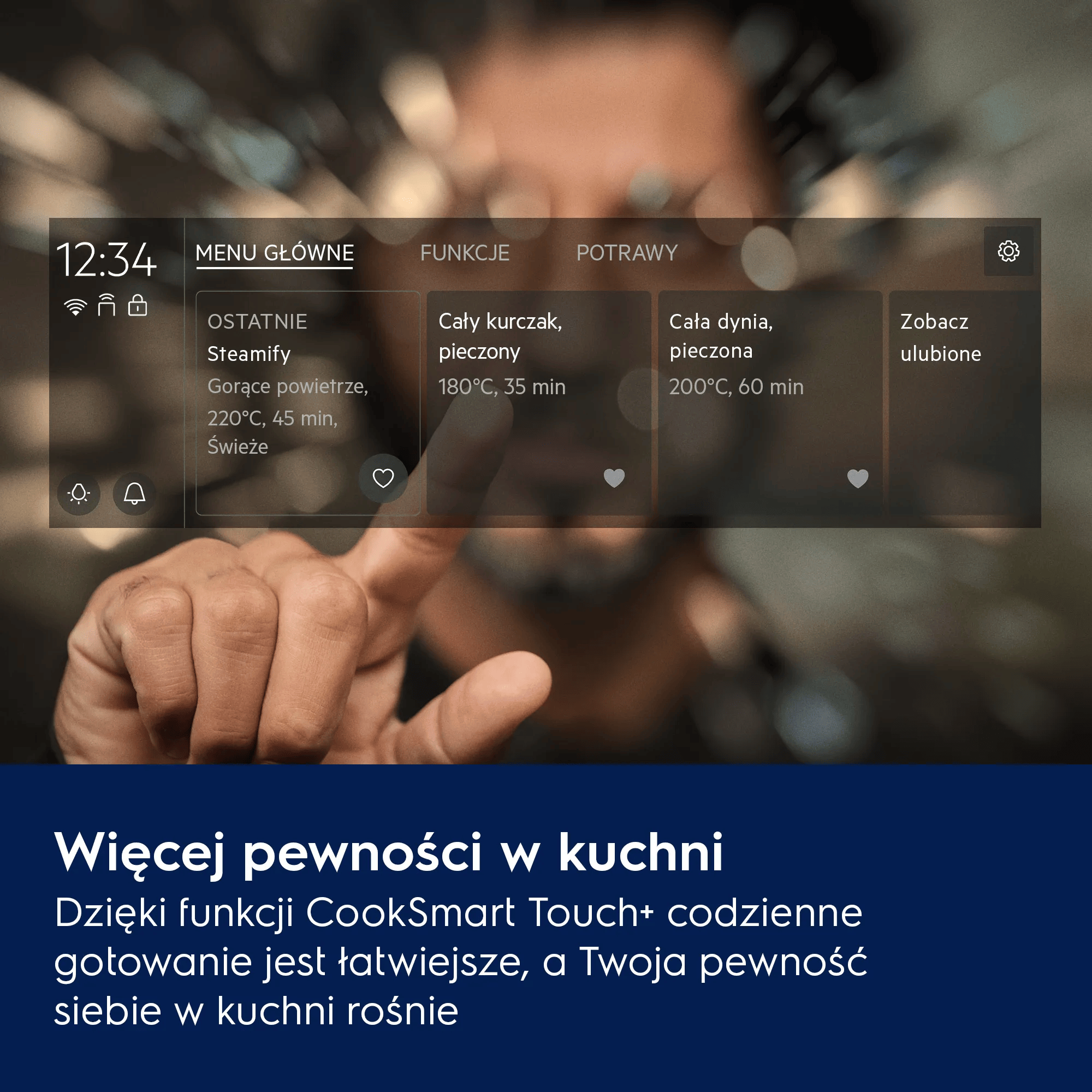 Palec dotyka ekranu dotykowego z opcjami gotowania i potrawami.
