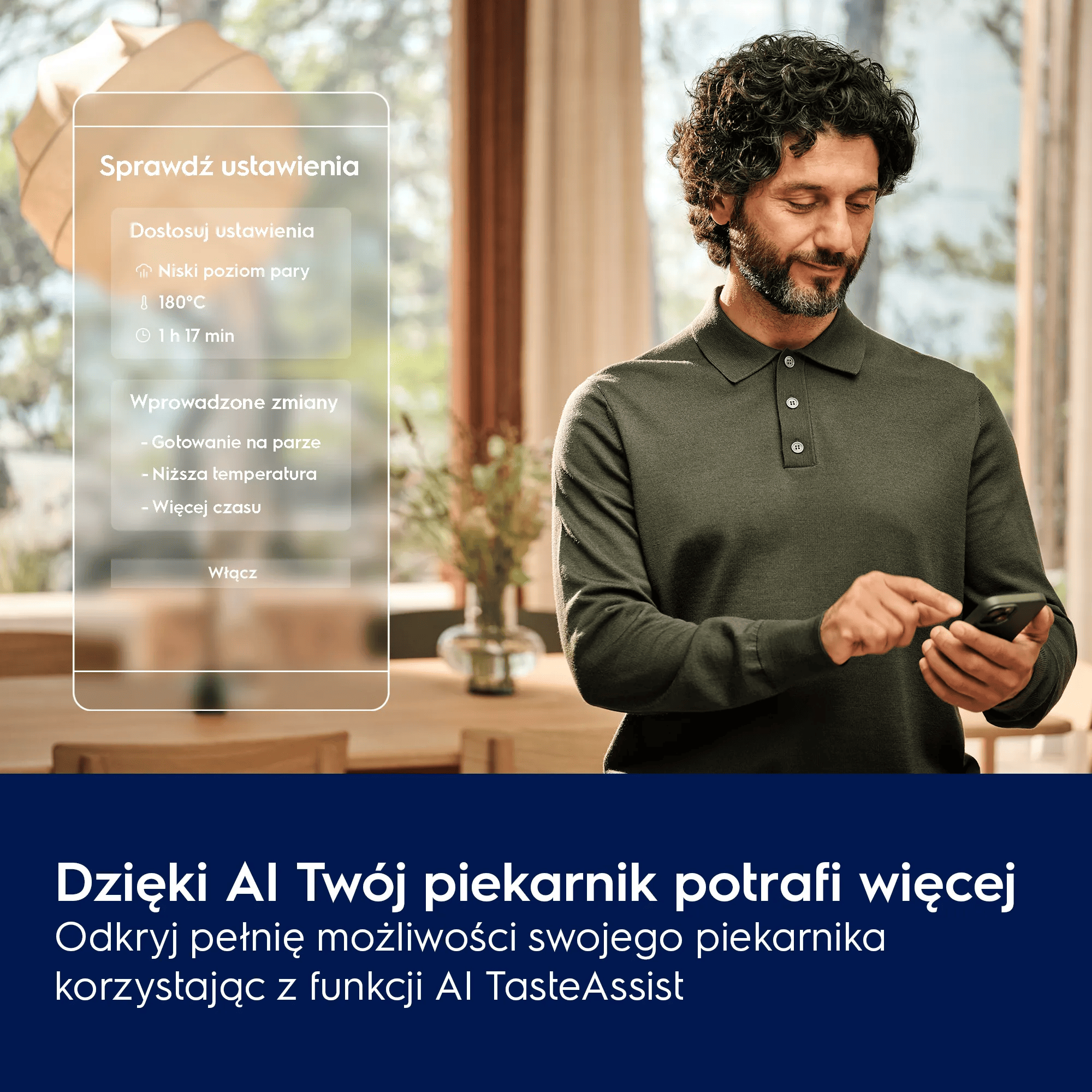 Mężczyzna używa smartfona z ustawieniami piekarnika. Sprawdź ustawienia. Niski poziom pary, 180C.