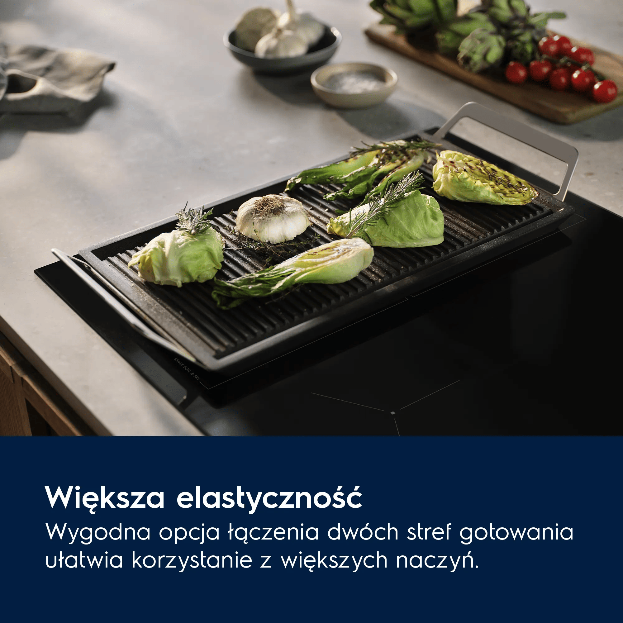 Warzywa i czosnek są grillowane na płycie grillowej na płycie indukcyjnej.