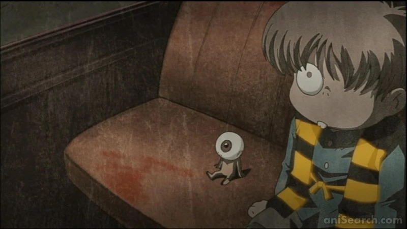 Ein Kind mit Anime-Augen und einem gestreiften Schal sitzt neben einem seltsamen Wesen mit einem Auge.