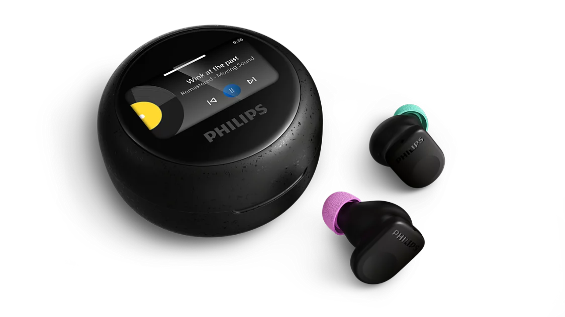 Schwarzer runder Philips Player mit Kopfhörern in Türkis und Rosa.