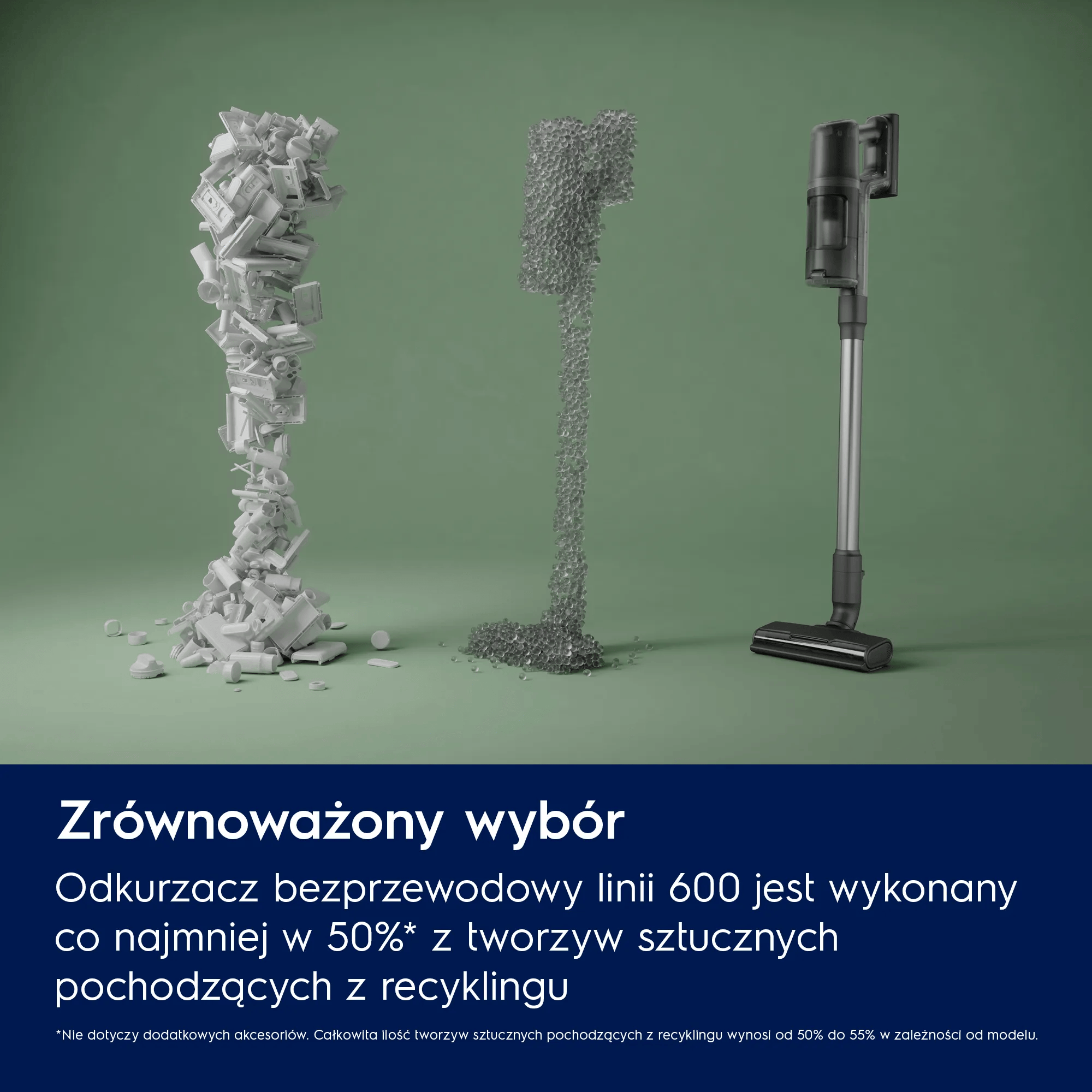 Odkurzacz z tworzywa z recyklingu, obok stosu białych części plastikowych i granulatu.