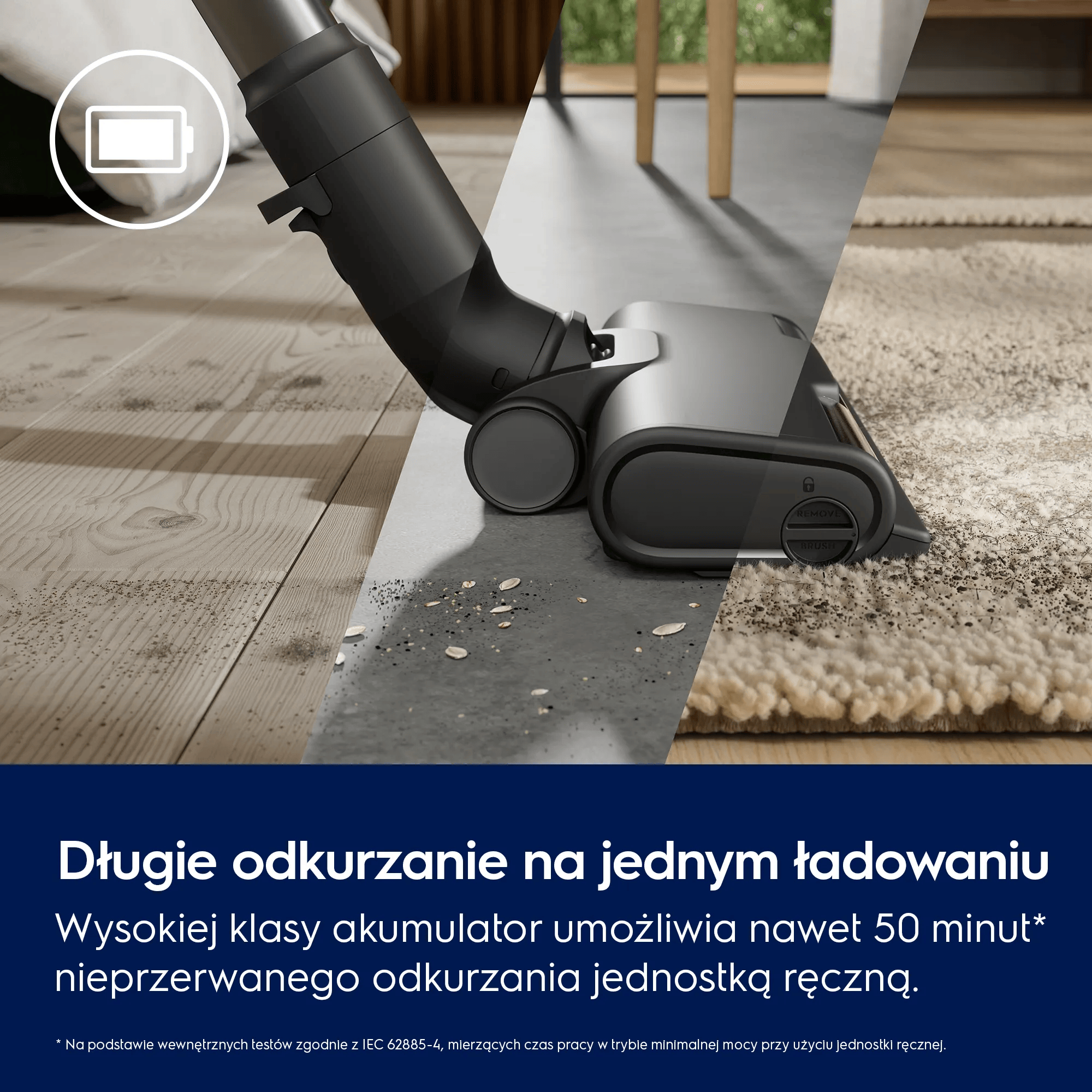 Głowica odkurzacza czyści drewnianą podłogę i dywan. Ikona baterii u góry.