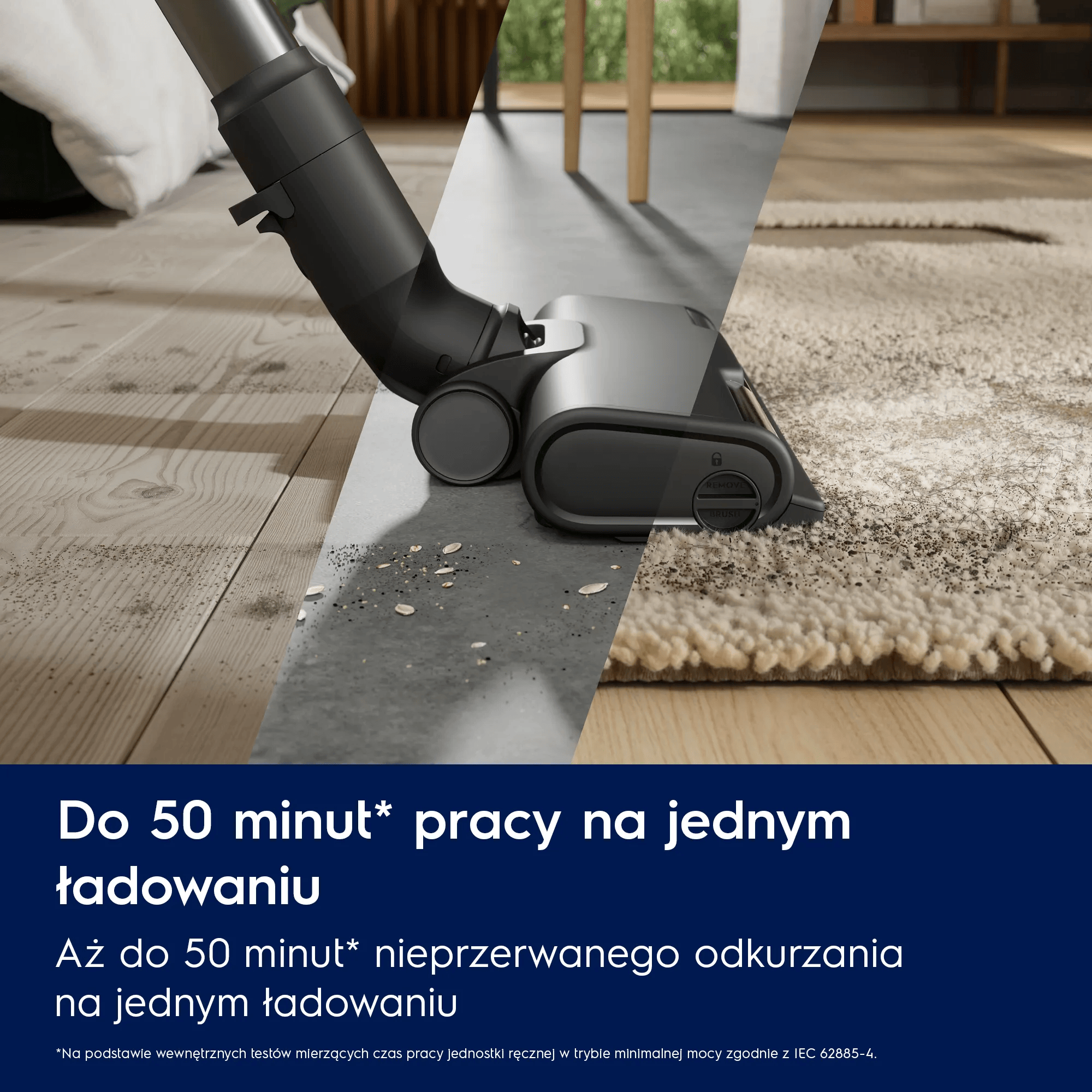 Głowica odkurzacza czyści dywan i drewnianą podłogę. Tekst o baterii.