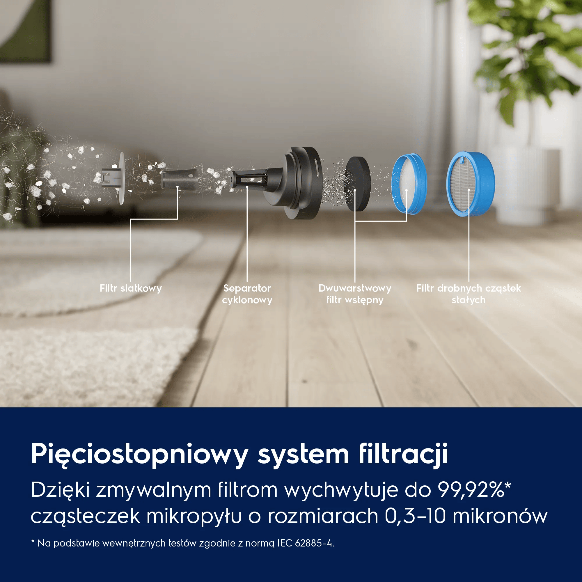 Widok rozstrzelony wielostopniowego systemu filtracji z różnymi elementami.