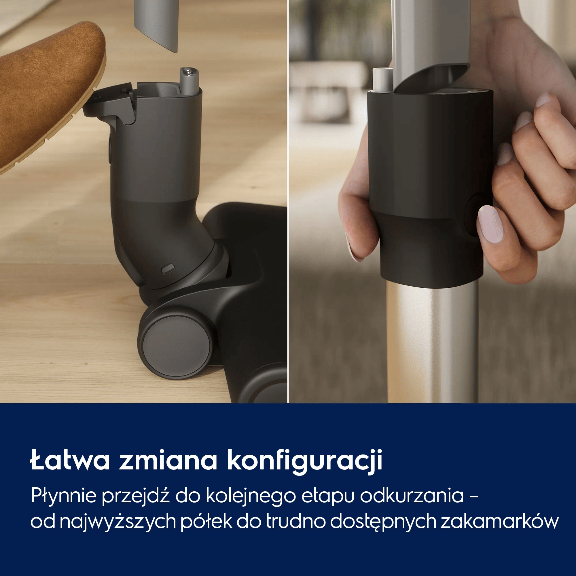 Stopa uruchamia czarną rączkę odkurzacza, która wchodzi w rurę.
