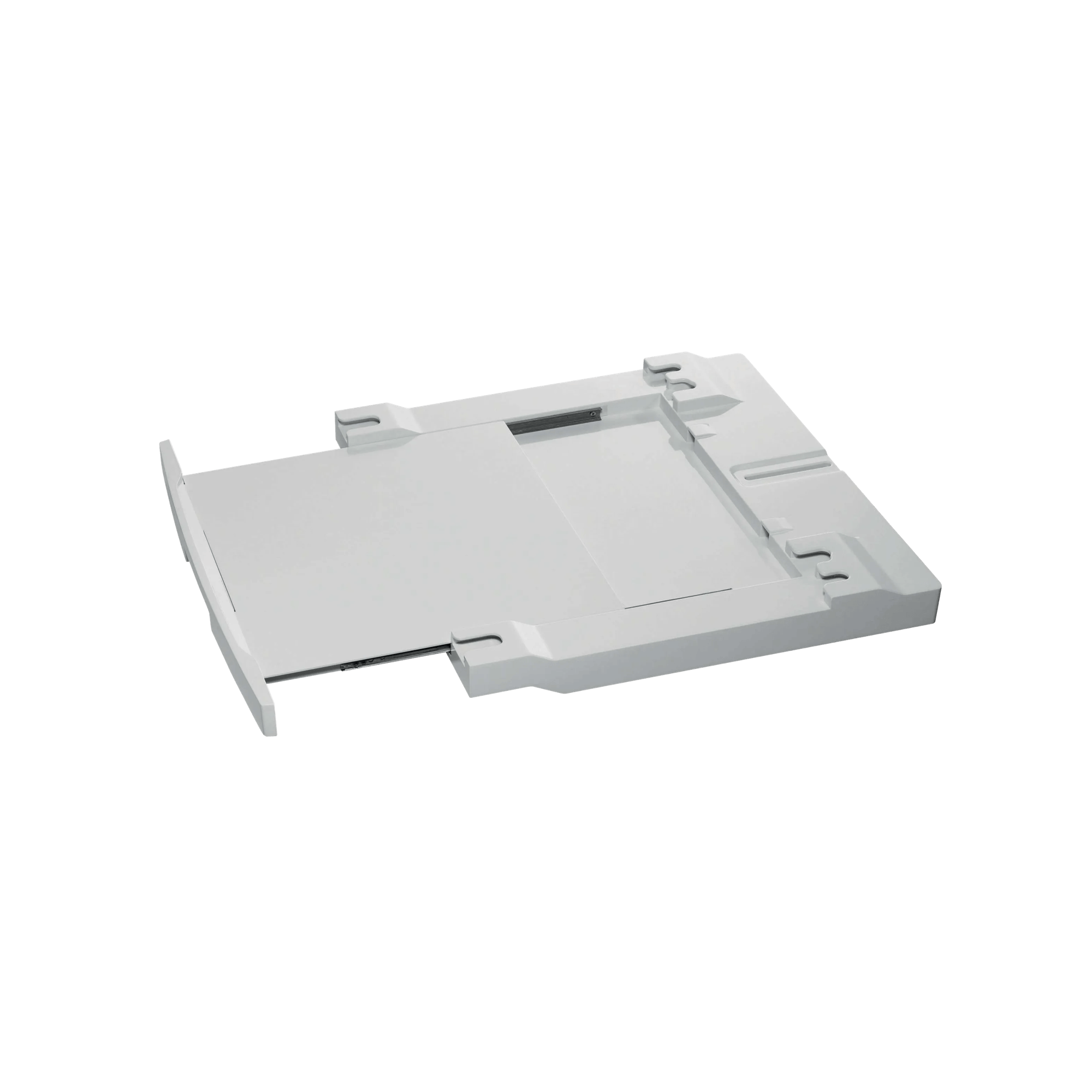 A light-colored, rectangular paper input tray with silver rails.
